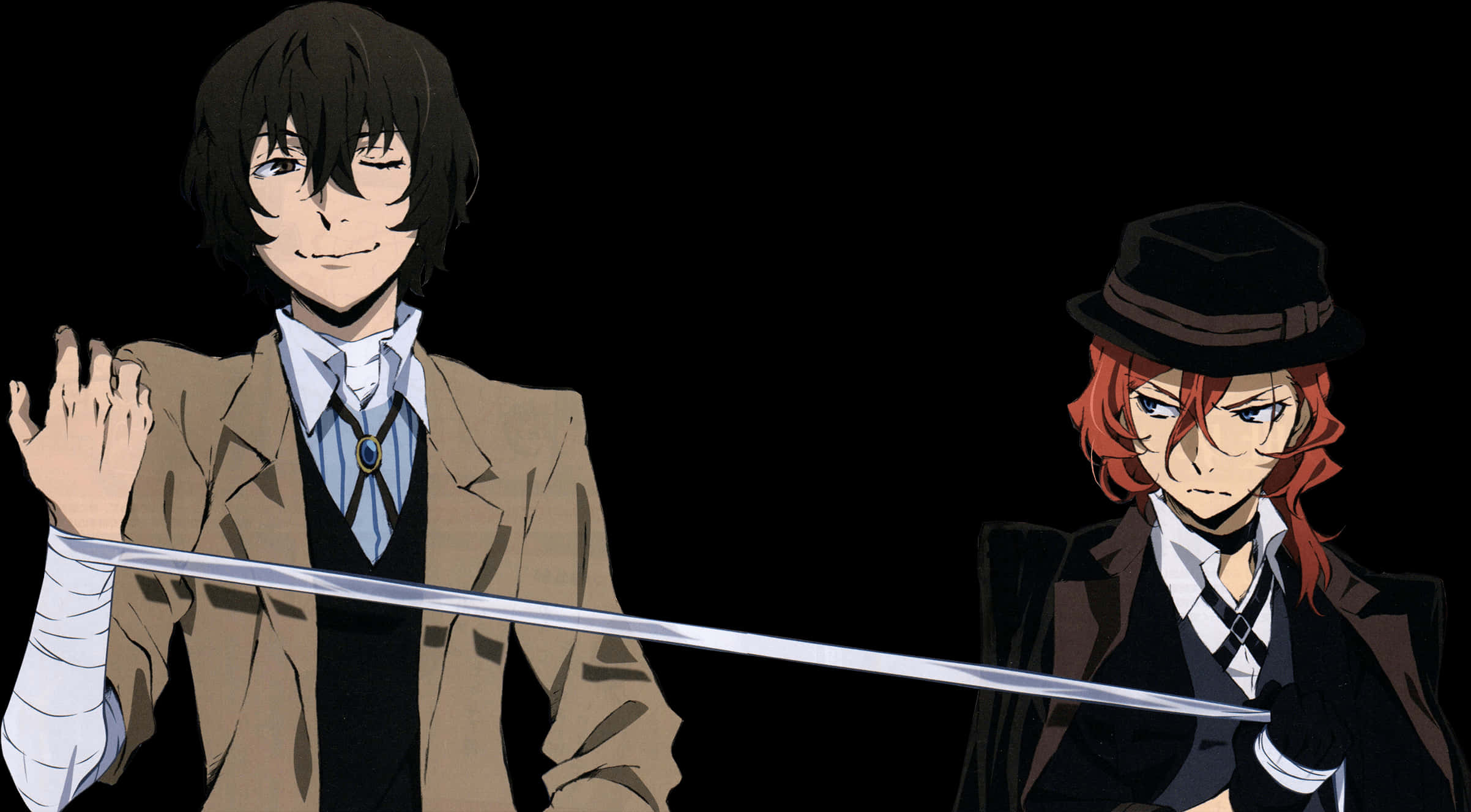 bungou stray dogs 桌布 壁紙 — 兩個穿著正式服裝的動漫角色在純黑背景下用發光的劍決鬥。
