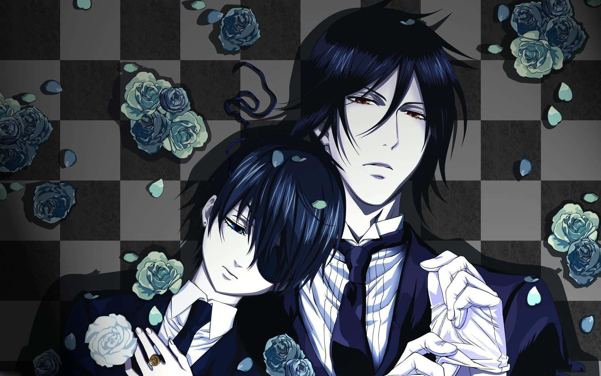 Black Butler 桌布 壁紙 — 兩個穿著正式服裝的動漫角色在綴有藍玫瑰的棋盤格背景前擁抱。