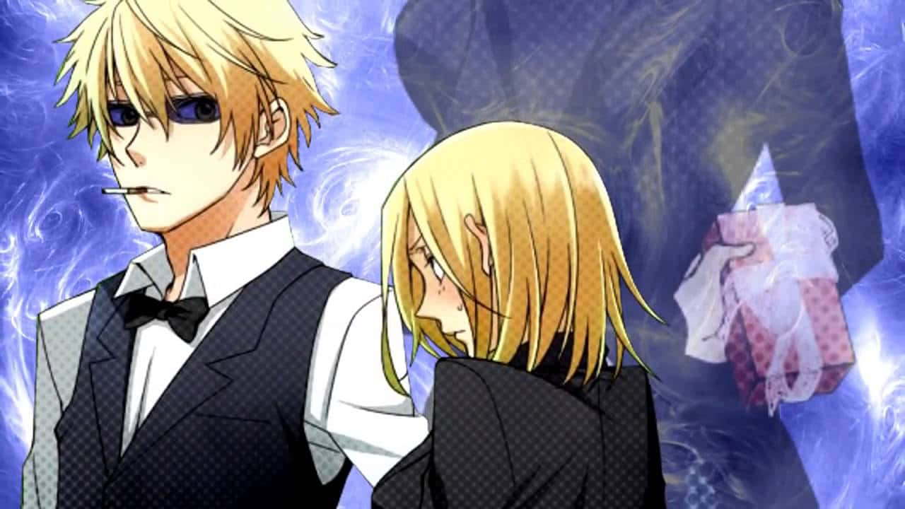 Durarara Vorona 桌布 壁紙 — 兩個穿著正式服裝的動漫角色站在旋轉的藍色魔法背景前，附近漂浮著一個禮物盒。