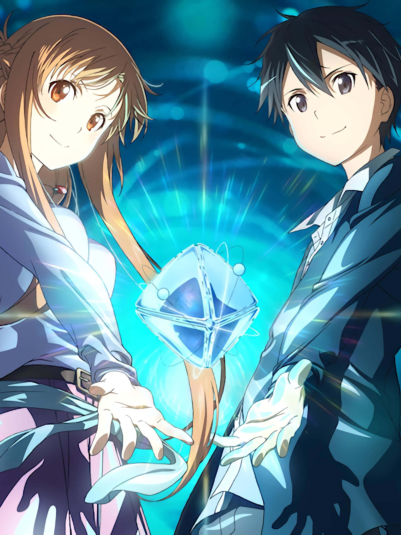 Kazuto Kirigaya 桌布 壁紙 — 兩個穿著正裝的動漫角色在光芒四射的藍綠色背景前，輕輕地將一顆發光的藍色水晶夾在他們之間。