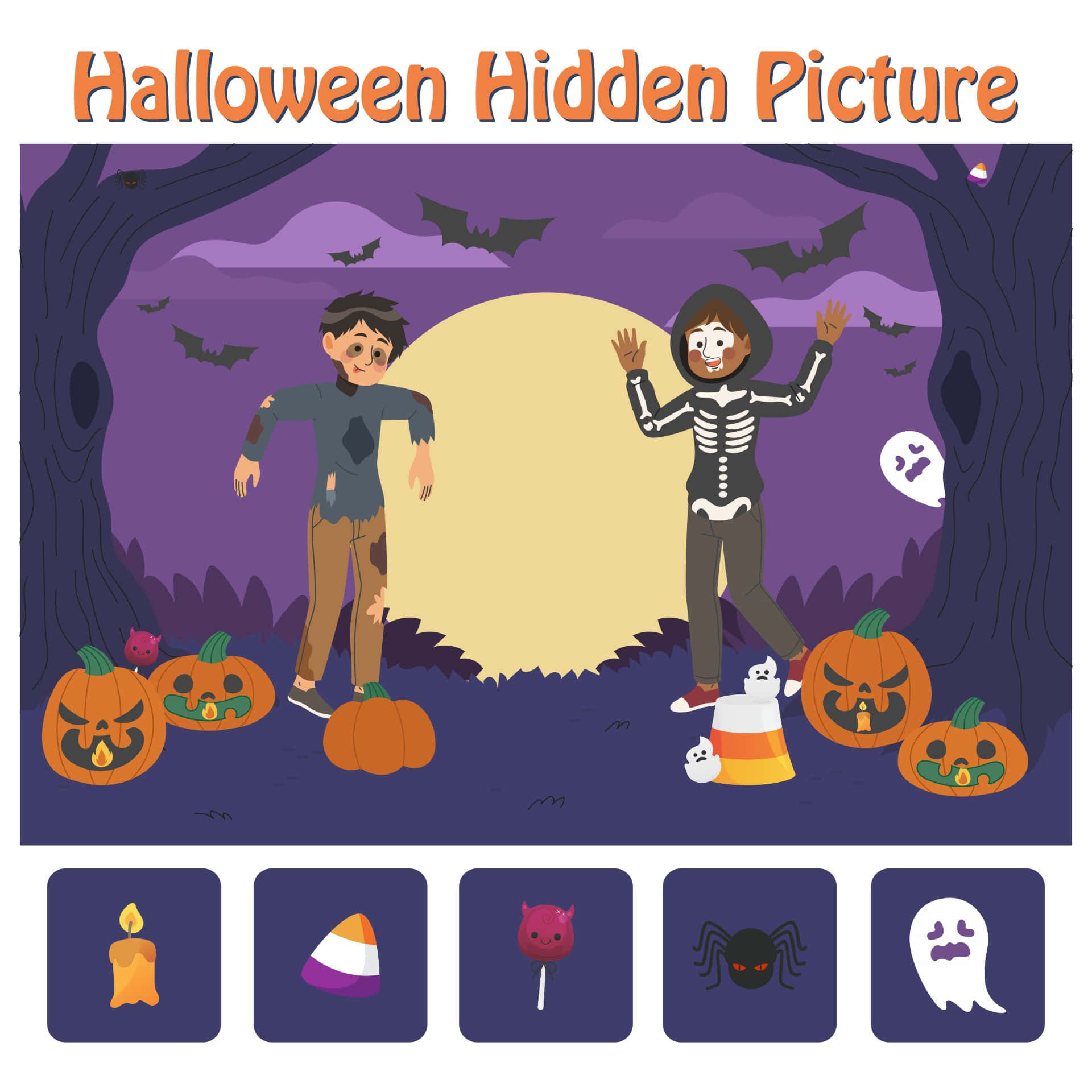 Halloween Puzzles 桌布 壁紙 — 兩個穿著殭屍和骷髏服裝的小孩站在一個詭異的紫色森林中，周圍有南瓜燈、蝙蝠和滿月。
