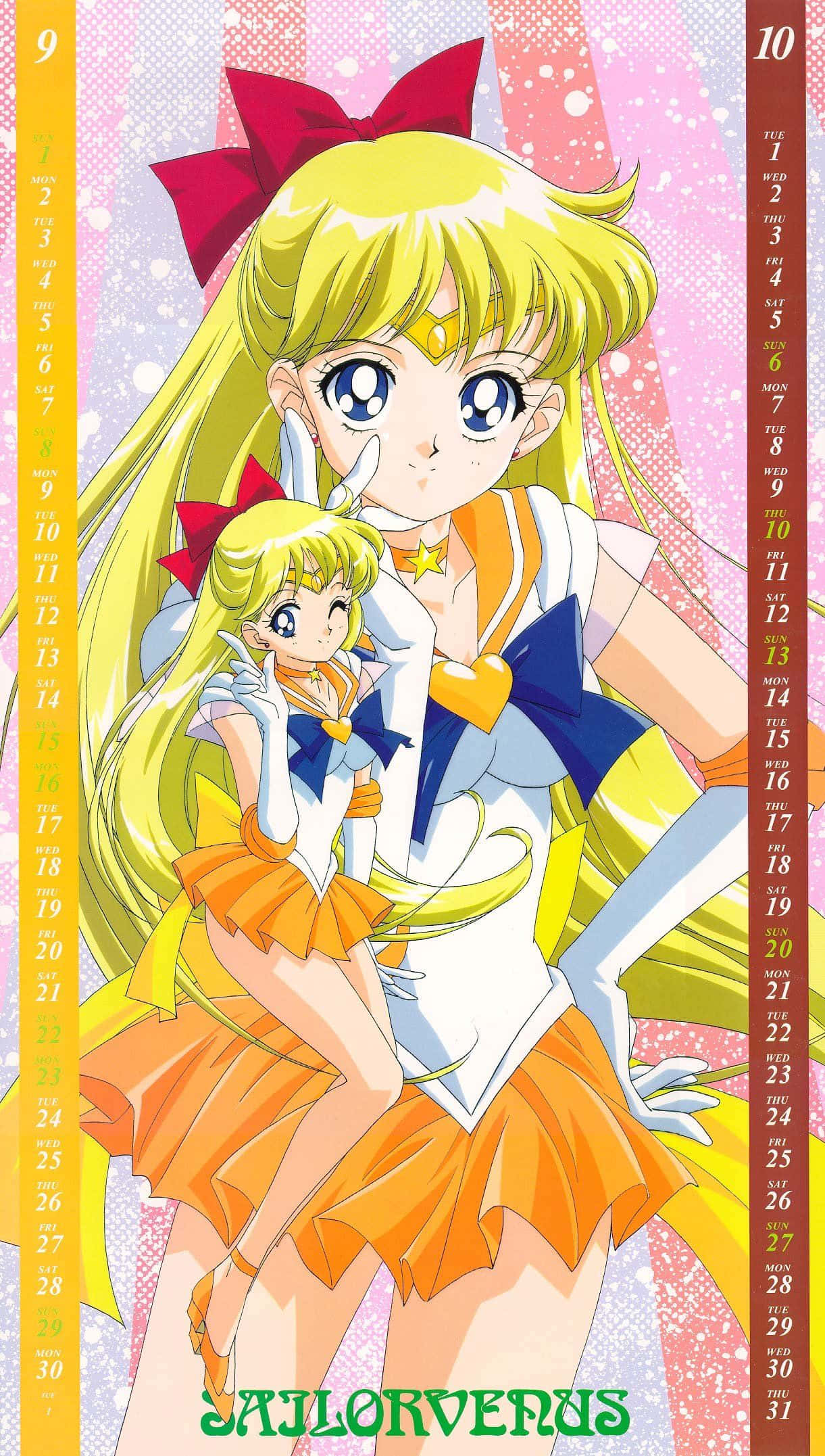Sailor Venus 桌布 壁紙 — 兩個穿著水手服、戴紅色蝴蝶結的動漫女孩，在閃閃發光的粉紅色背景和日曆網格前擺姿勢。