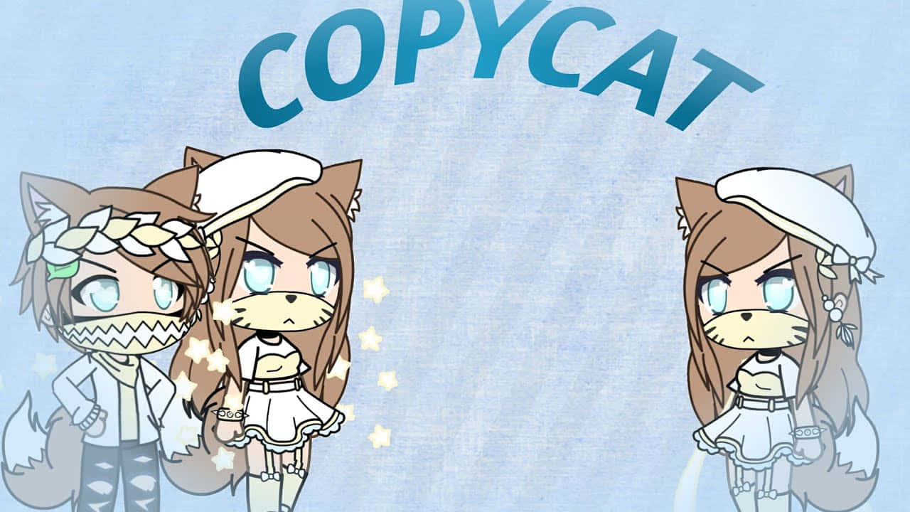 Gacha Life Funny 桌布 壁紙 — 兩個穿著水手服的Q版貓娘站在有紋理的藍色背景上，旁邊有「COPYCAT」文字。