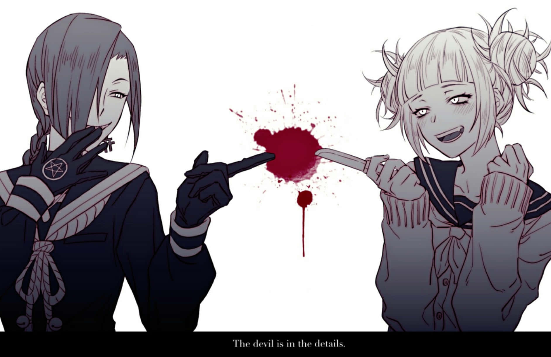 Himiko Toga Aesthetic 桌布 壁紙 — 兩個穿著水手服的動漫女孩，在純白背景上帶著邪惡的笑容，用刀指向紅色血濺。