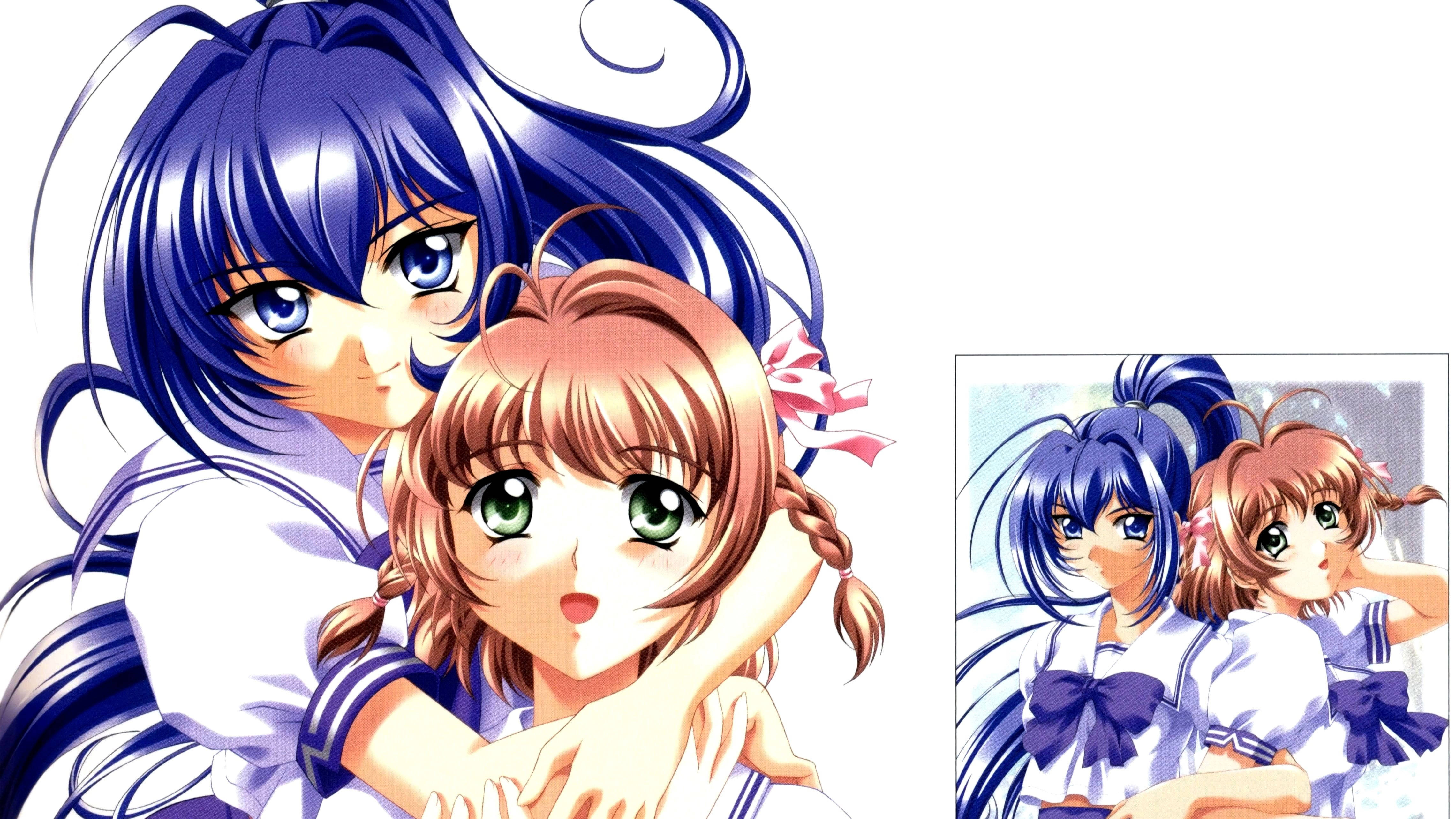 kimi ga nozomu eien 桌布 壁紙 — 兩個穿著水手服的動漫女孩在純白色背景和柔和燈光下溫暖地擁抱。