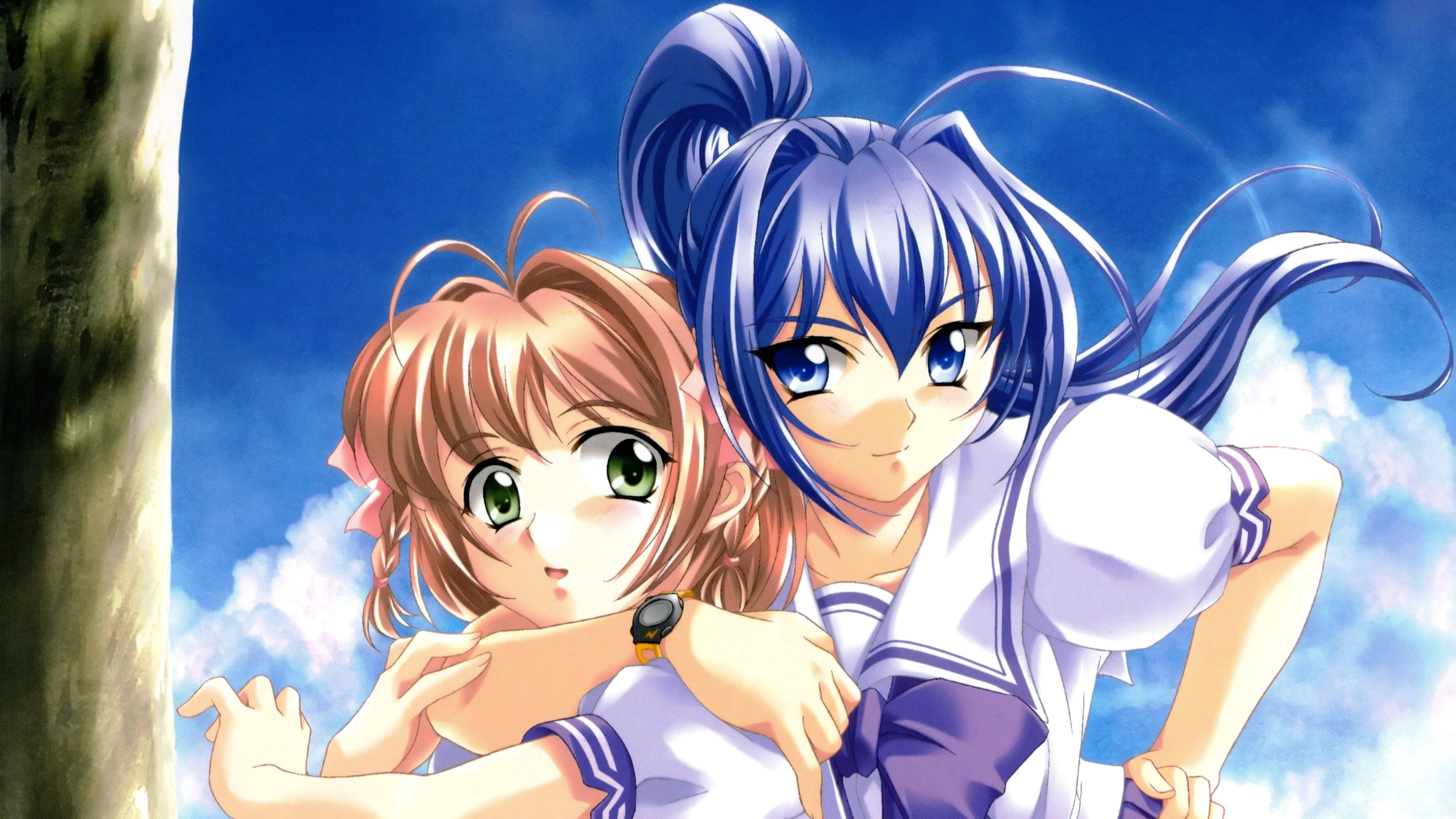 kimi ga nozomu eien 桌布 壁紙 — 兩個穿著水手服的動漫女孩在藍天白雲下擁抱。