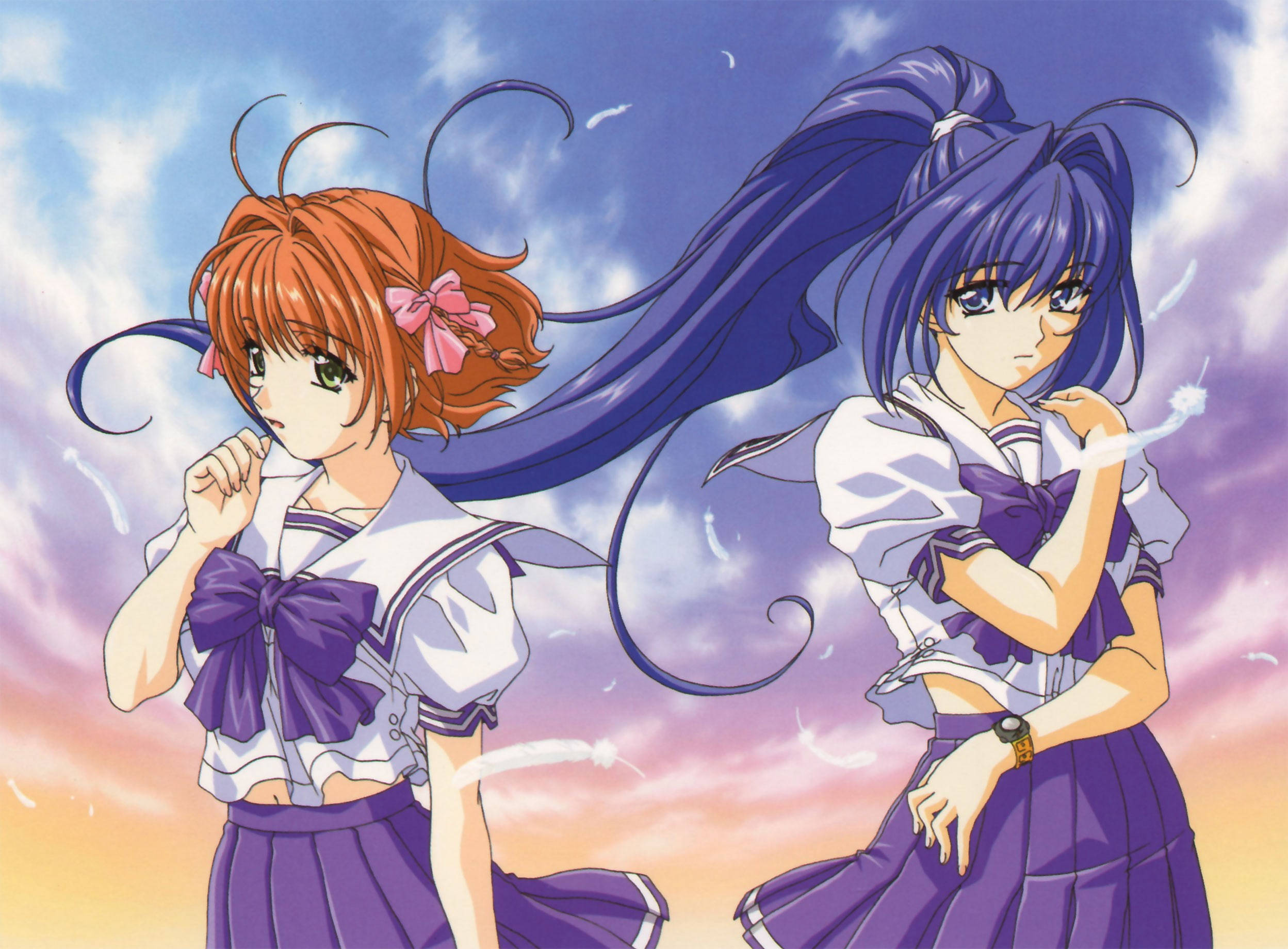 kimi ga nozomu eien 桌布 壁紙 — 兩個穿著水手服的動漫女孩站在充滿活力的日落天空前，頭髮飄逸，姿勢充滿動感。