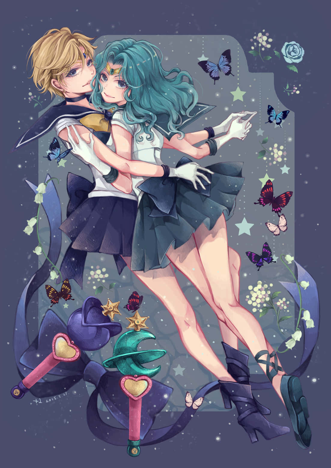 Sailor Uranus 桌布 壁紙 — 兩個穿著水手服的動漫角色在宇宙背景下，於飄浮的蝴蝶和星星之間擁抱。