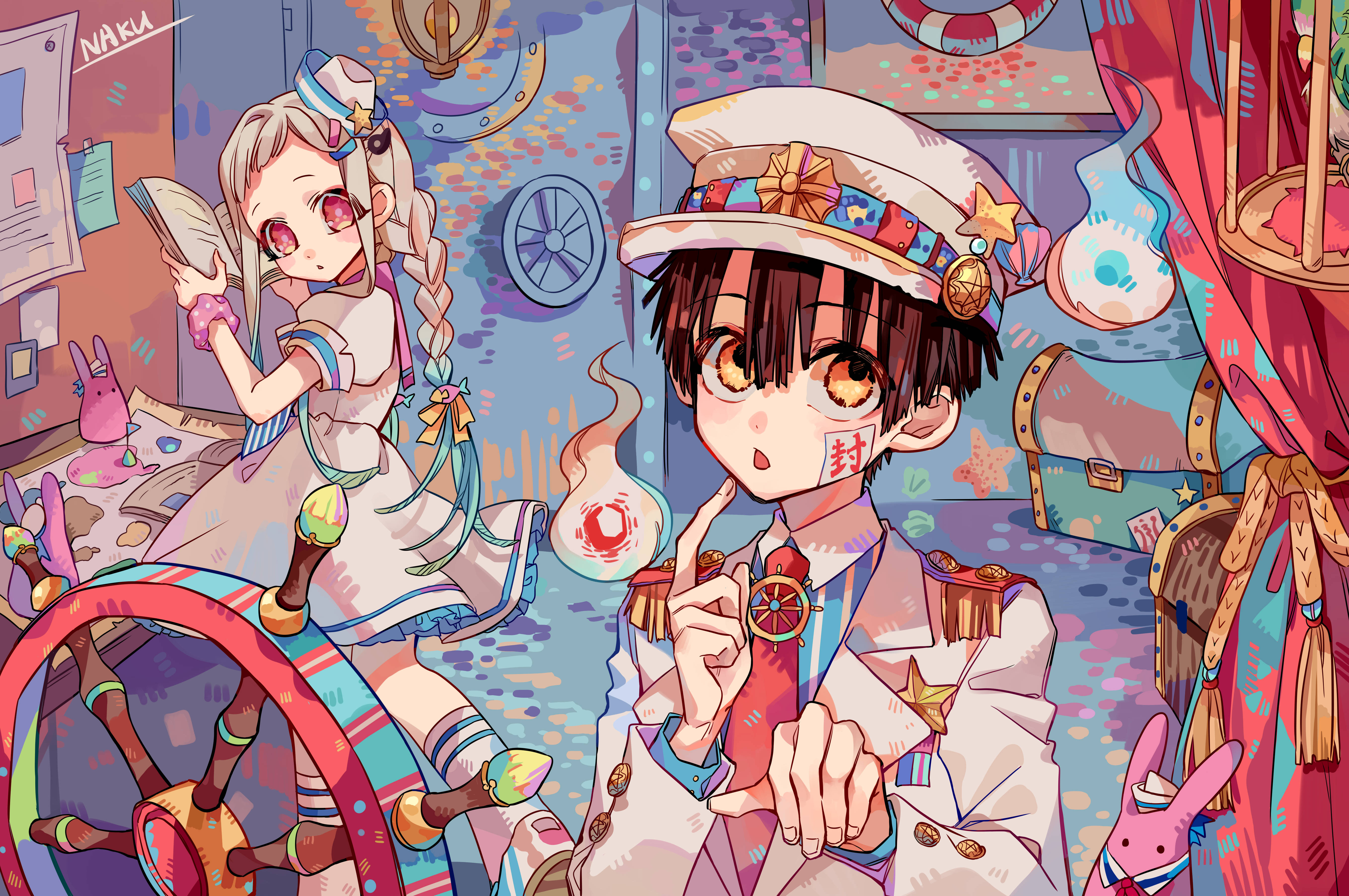 hanako 桌布 壁紙 — 兩個穿著水手服的動漫角色站在一個色彩繽紛、雜亂的船艙內，充滿航海裝飾和漂浮的泡泡。