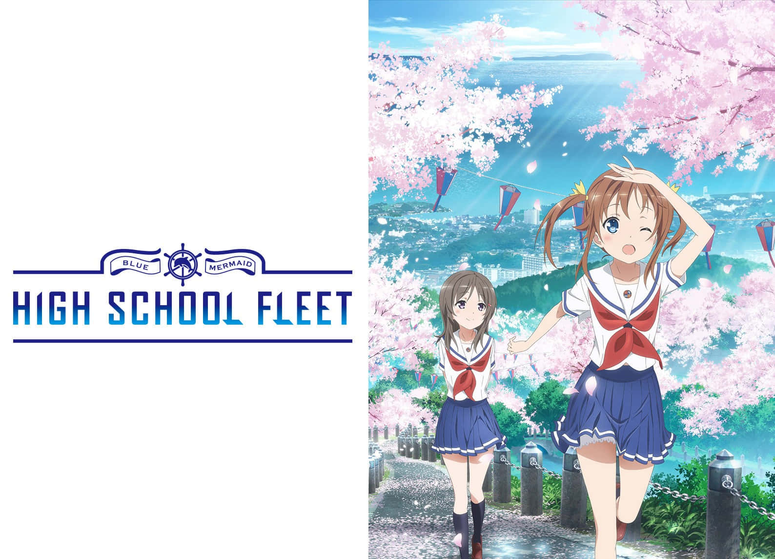 High School Fleet 桌布 壁紙 — 兩個穿著水手服的動畫女孩在盛開的櫻花下沿著海岸小徑行走，背景有城市景觀和風箏。
