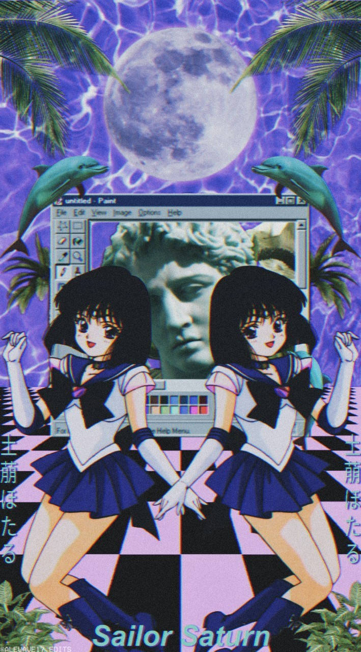 美少女戰士 桌布 壁紙 — 兩個穿著水手服的動畫女孩站在一台復古電腦螢幕前，螢幕顯示一個古典雕像，背景是紫色月光下的棕櫚樹和海豚。