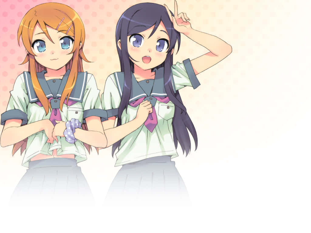 動漫女孩 桌布 壁紙 — 兩個穿著水手服的開心動漫女孩在柔和的粉紅色圓點背景前頑皮地擺姿勢。