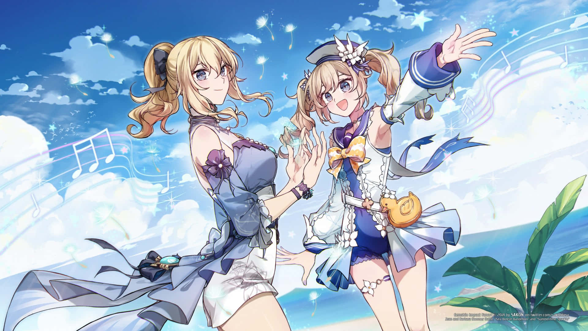Genshin Impact Jean 桌布 壁紙 — 兩個穿著水手風格服裝的開心動畫女孩在充滿漂浮音符和蒲公英的明亮藍天下跳舞。