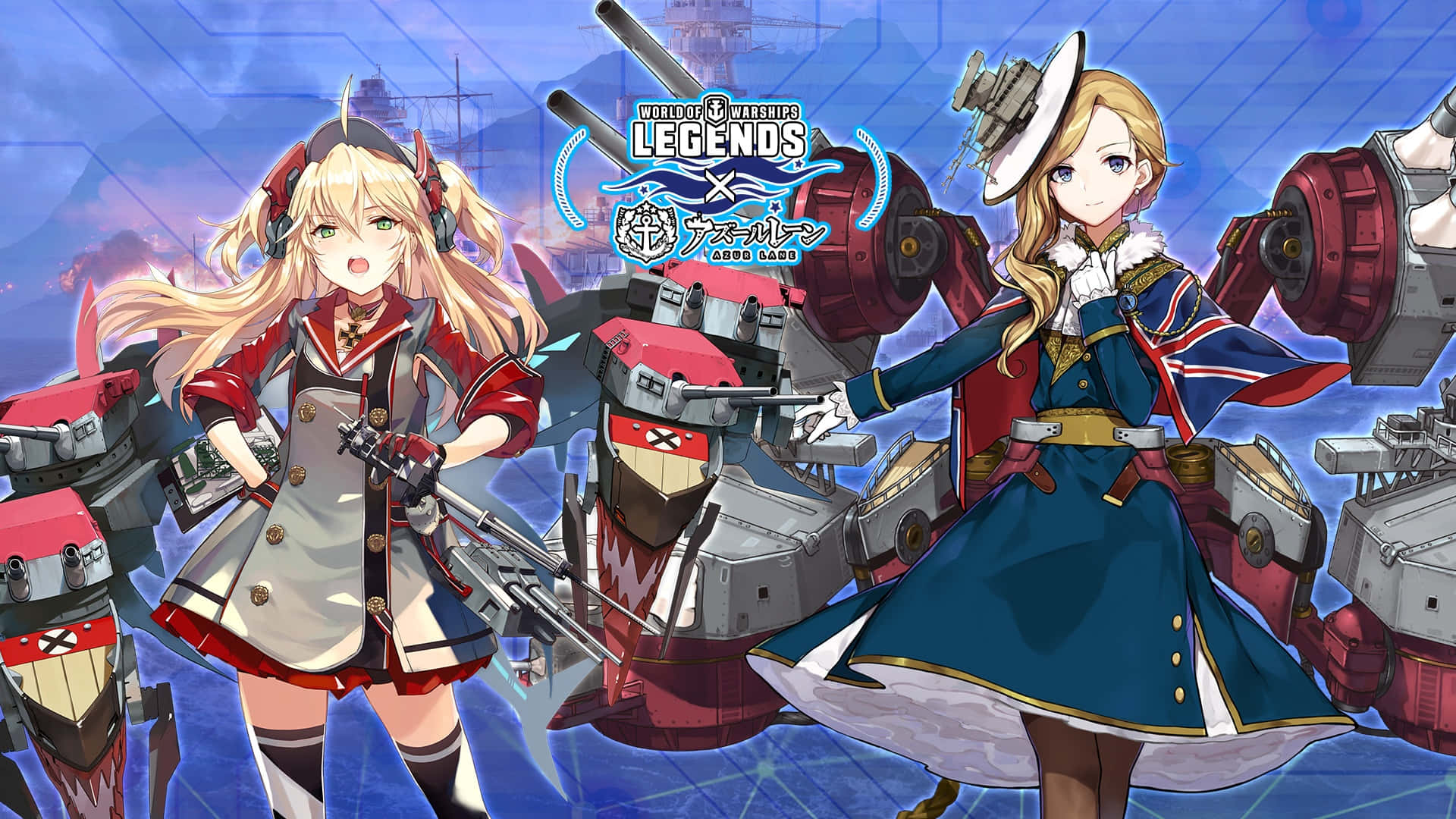 Anime Banner 桌布 壁紙 — 兩個穿著海軍制服的動漫女孩自信地站在風格化的戰艦旁邊，背景是藍色數位天空。