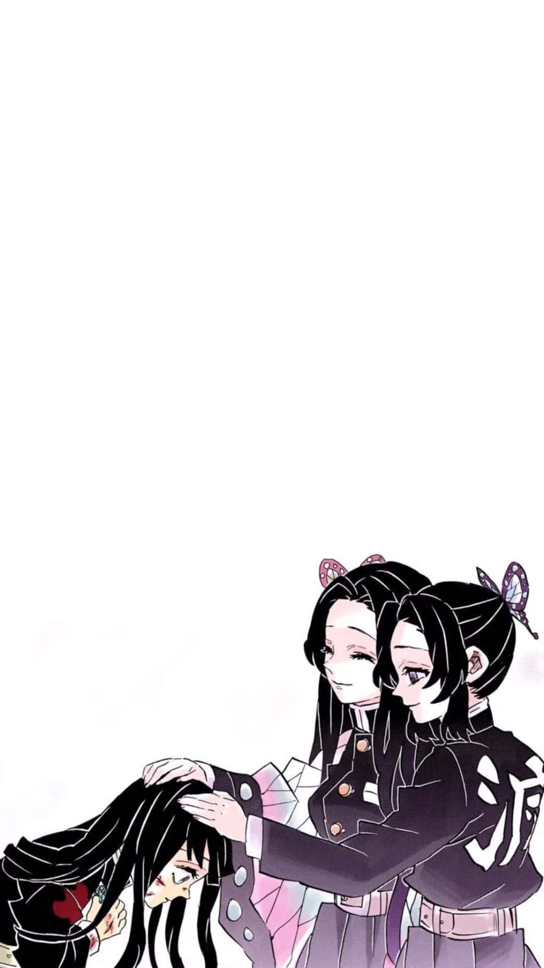 Demon Slayer Manga 桌布 壁紙 — 兩個穿著深色制服的動畫女孩在純白色背景前輕輕安慰第三個長黑頭髮的女孩。