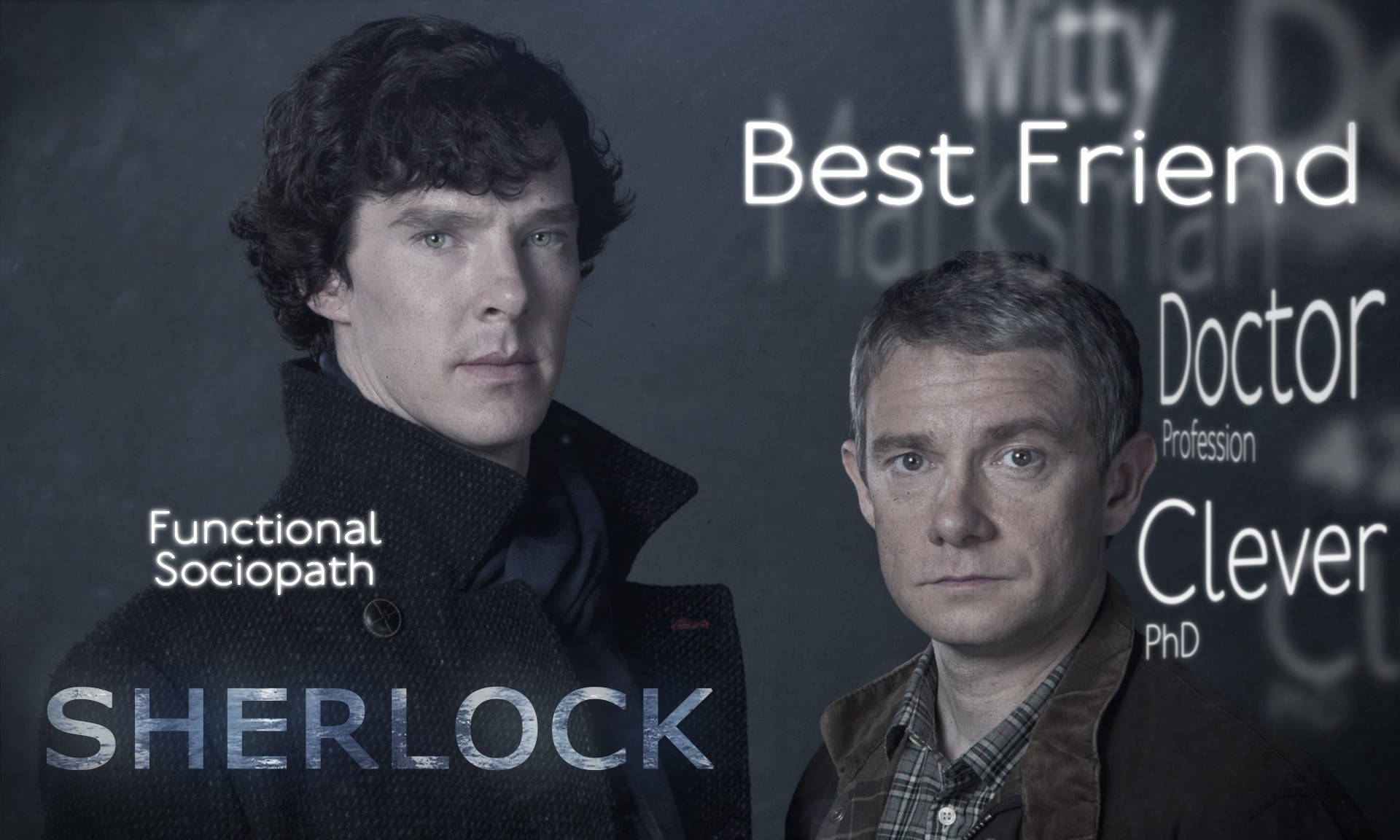 Sherlock Holmes 桌布 壁紙 — 兩個穿著深色外套的男人站在灰色背景前，圖像上覆蓋著「Sherlock」和「Best Friend」等文字標籤。