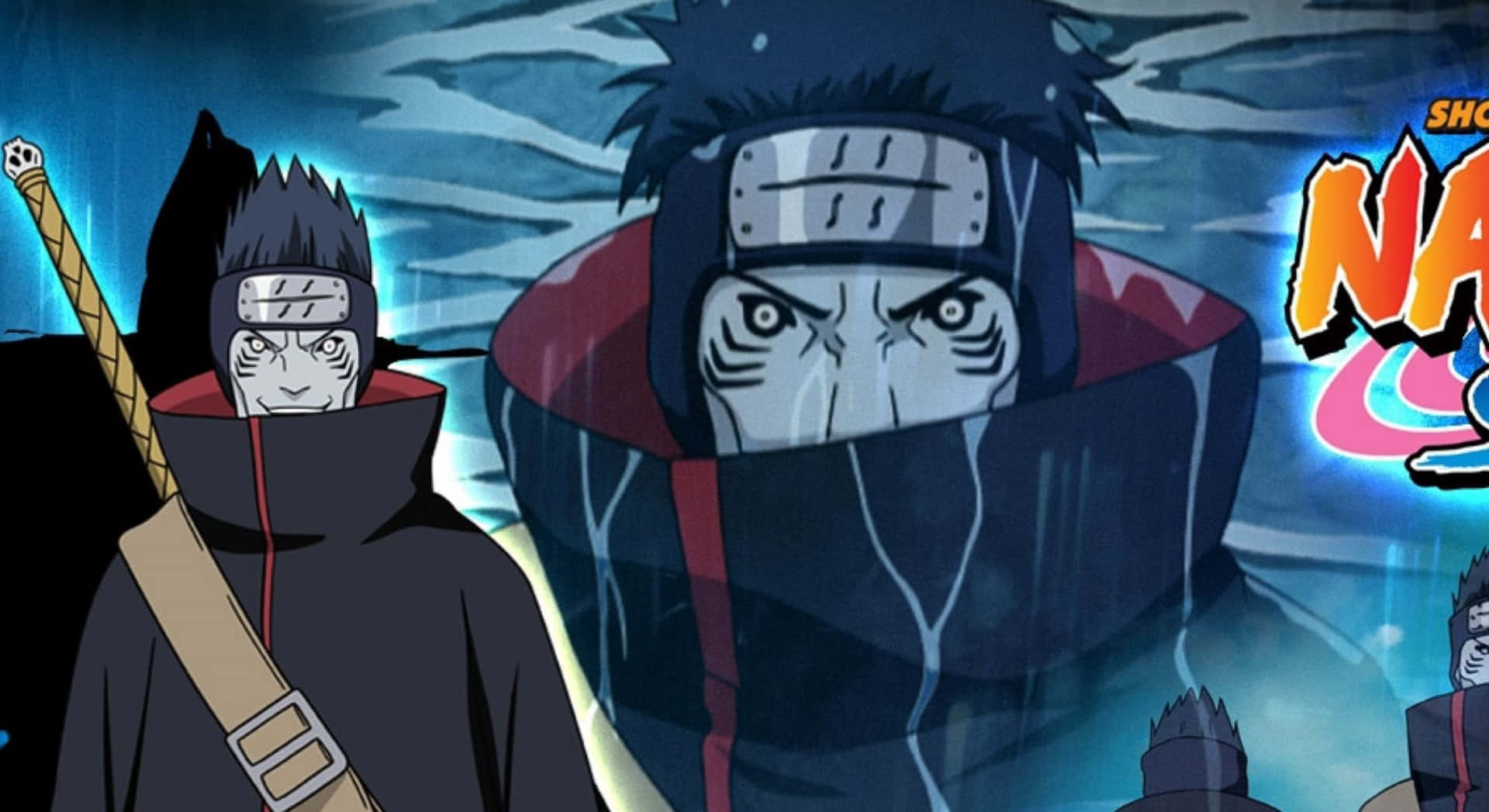 Kisame 桌布 壁紙 — 兩個穿著深色斗篷的激烈動漫角色站在暴風雨般的藍色背景前，眼睛發光，燈光戲劇化。