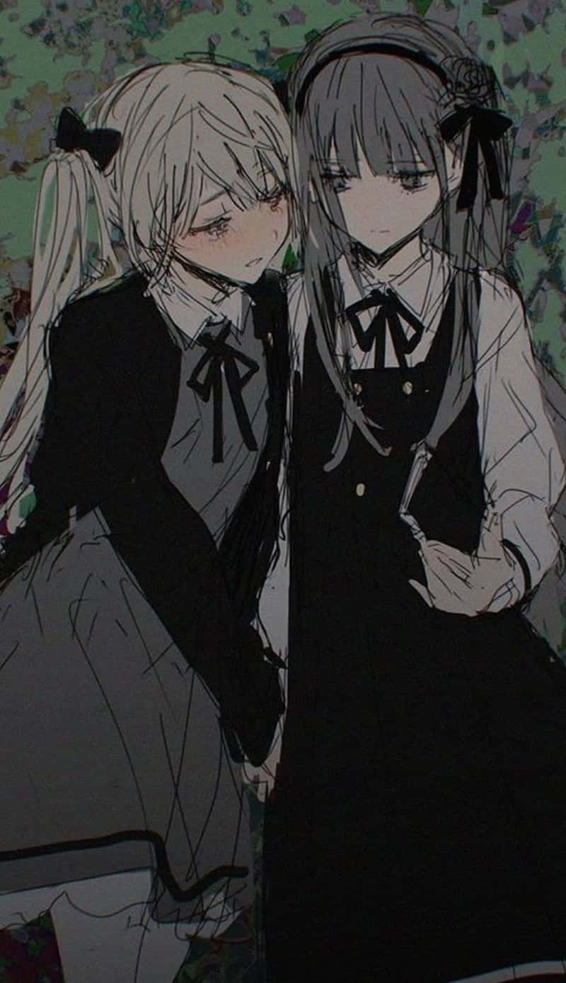 動漫女孩 桌布 壁紙 — 兩個穿著深色校服的動漫女孩在柔和的花卉背景前牽手，帶有柔和的陰影。