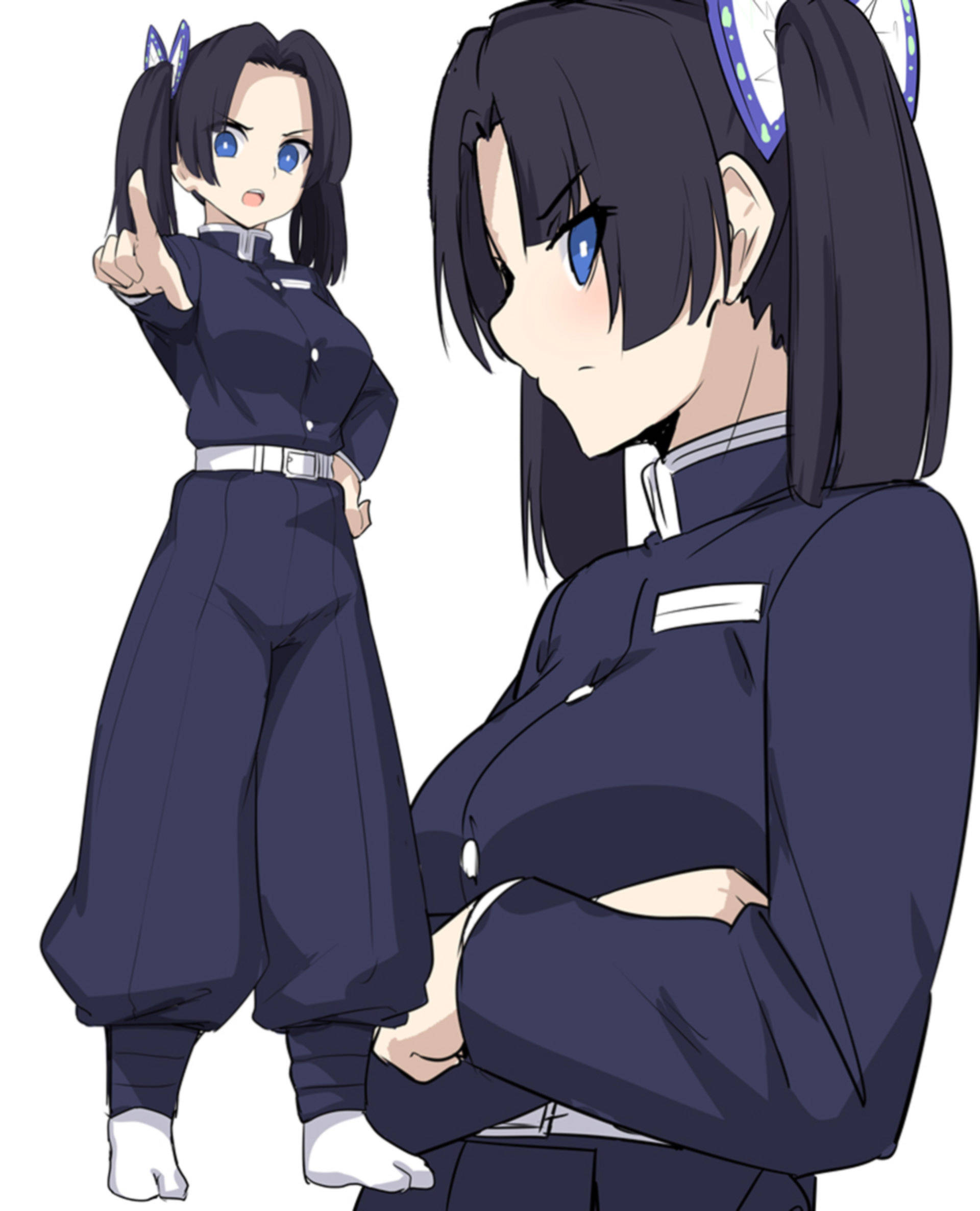 aoi kanzaki 桌布 壁紙 — 兩個穿著深藍色制服、戴著貓耳配件的動漫女孩，在純白色背景前自信地擺姿勢。