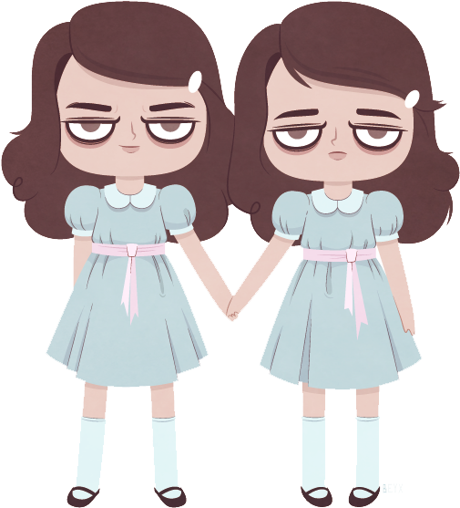 twins 桌布 壁紙 — 兩個穿著淺藍色連衣裙的相同動畫女孩在素色背景下帶著疲憊的表情牽手。