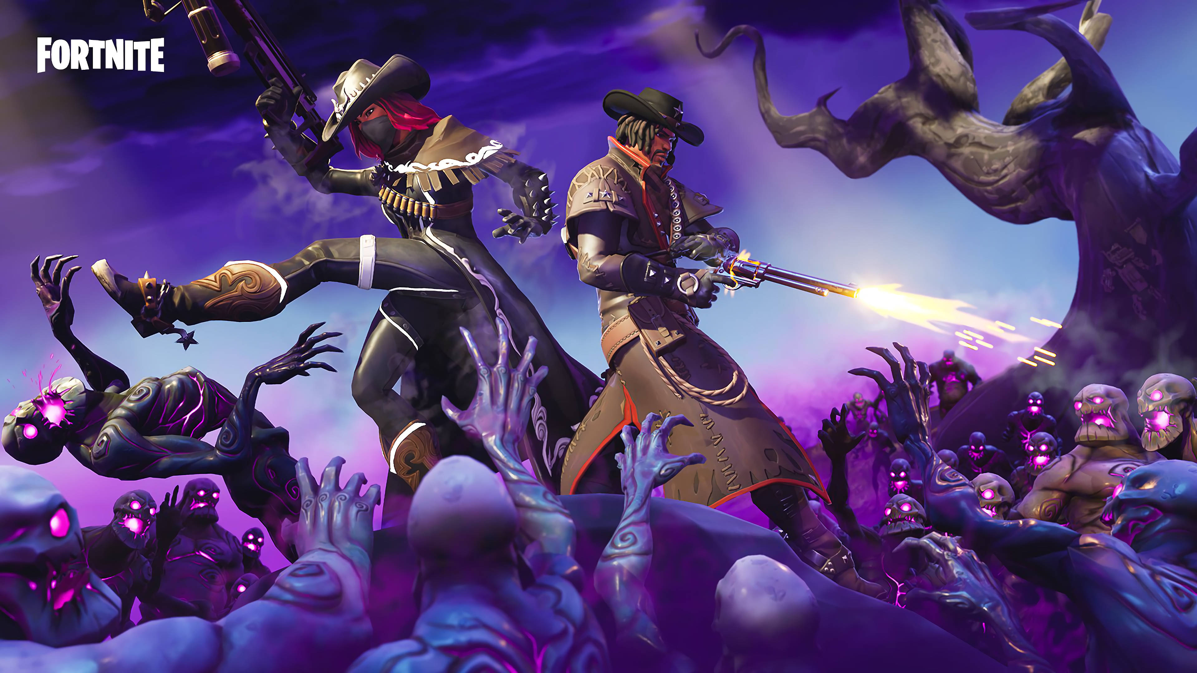 Fortnite 桌布 壁紙 — 兩個穿著牛仔裝備的 Fortnite 角色在暴風雨紫色天空下與發光的紫色殭屍戰鬥。