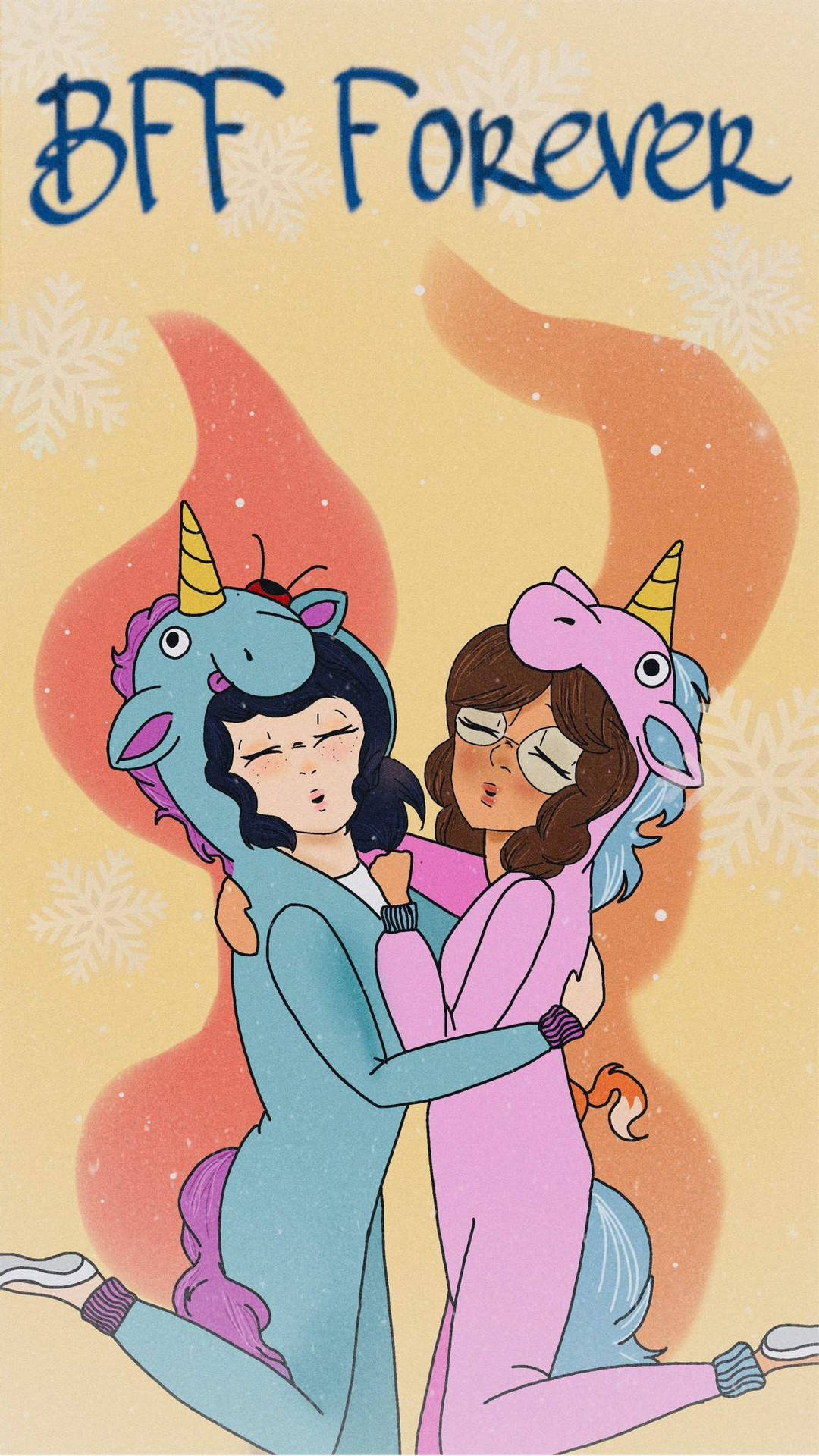 少女風 桌布 壁紙 — 兩個穿著獨角獸連體衣的女孩在雪景背景下溫暖擁抱，上方有「BFF Forever」字樣。