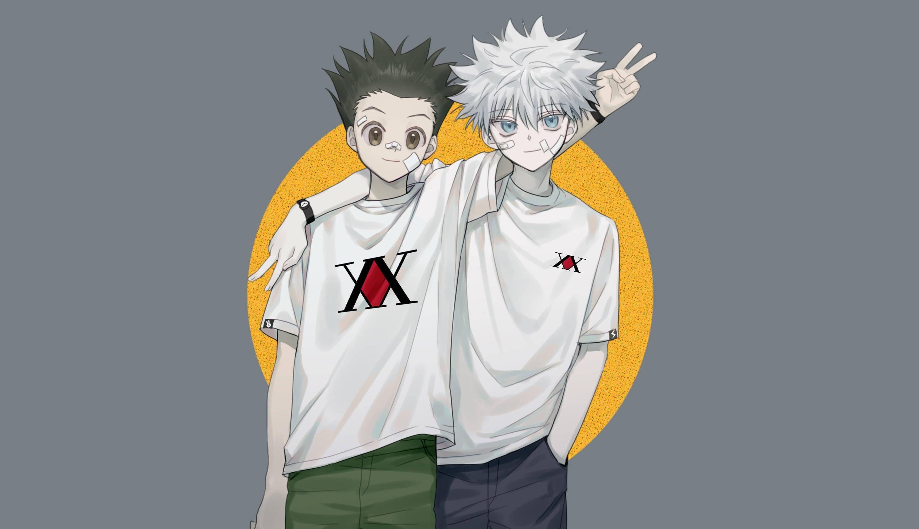 Gon And Killua 桌布 壁紙 — 兩個穿著白色T恤的動漫男孩在灰色背景上的黃色圓形背景前開心地擺姿勢。
