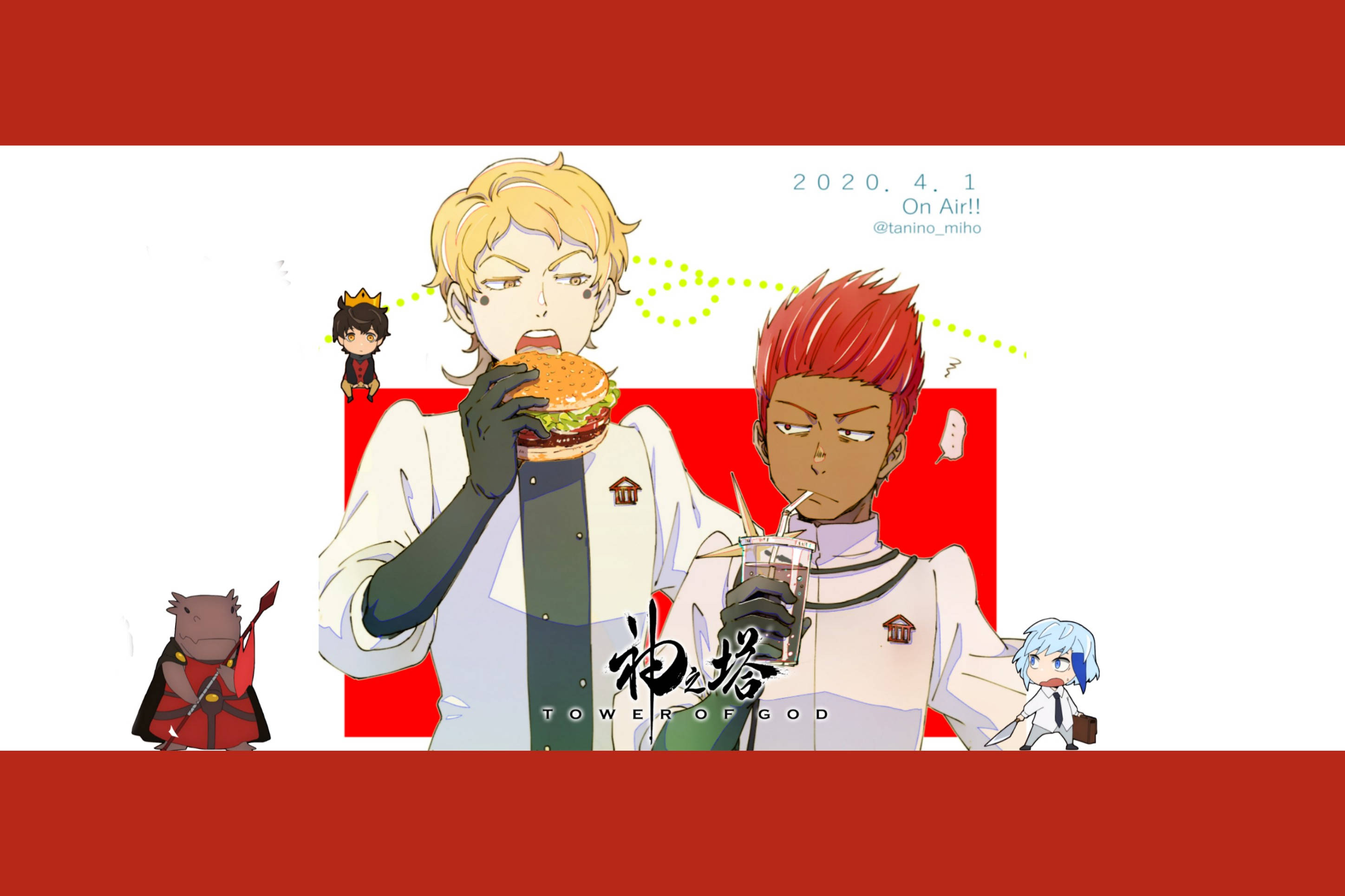 Tower Of God 桌布 壁紙 — 兩個穿著白色制服的動漫角色在大膽的紅白背景下吃漢堡和喝奶昔。