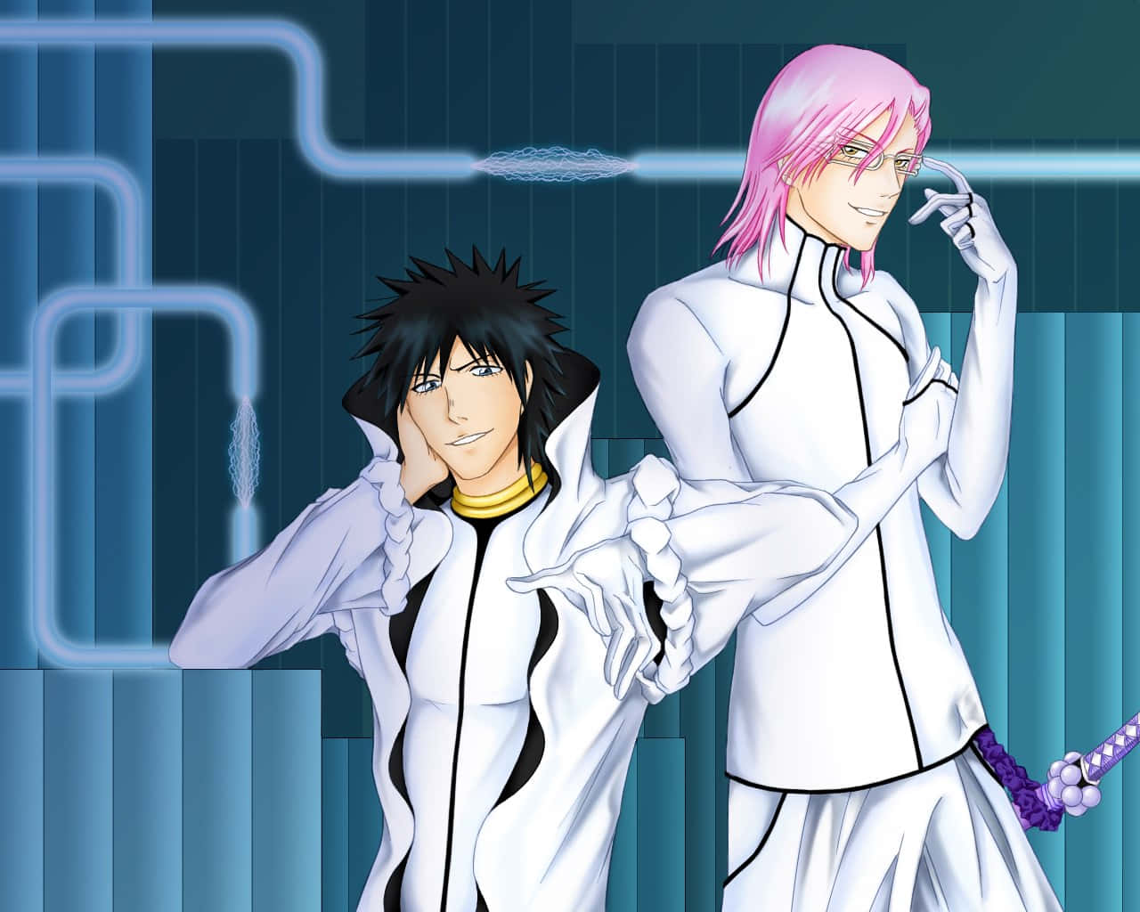 Szayelaporro Granz 桌布 壁紙 — 兩個穿著白色制服的動漫角色在發光藍色數位背景前自信地擺姿勢。