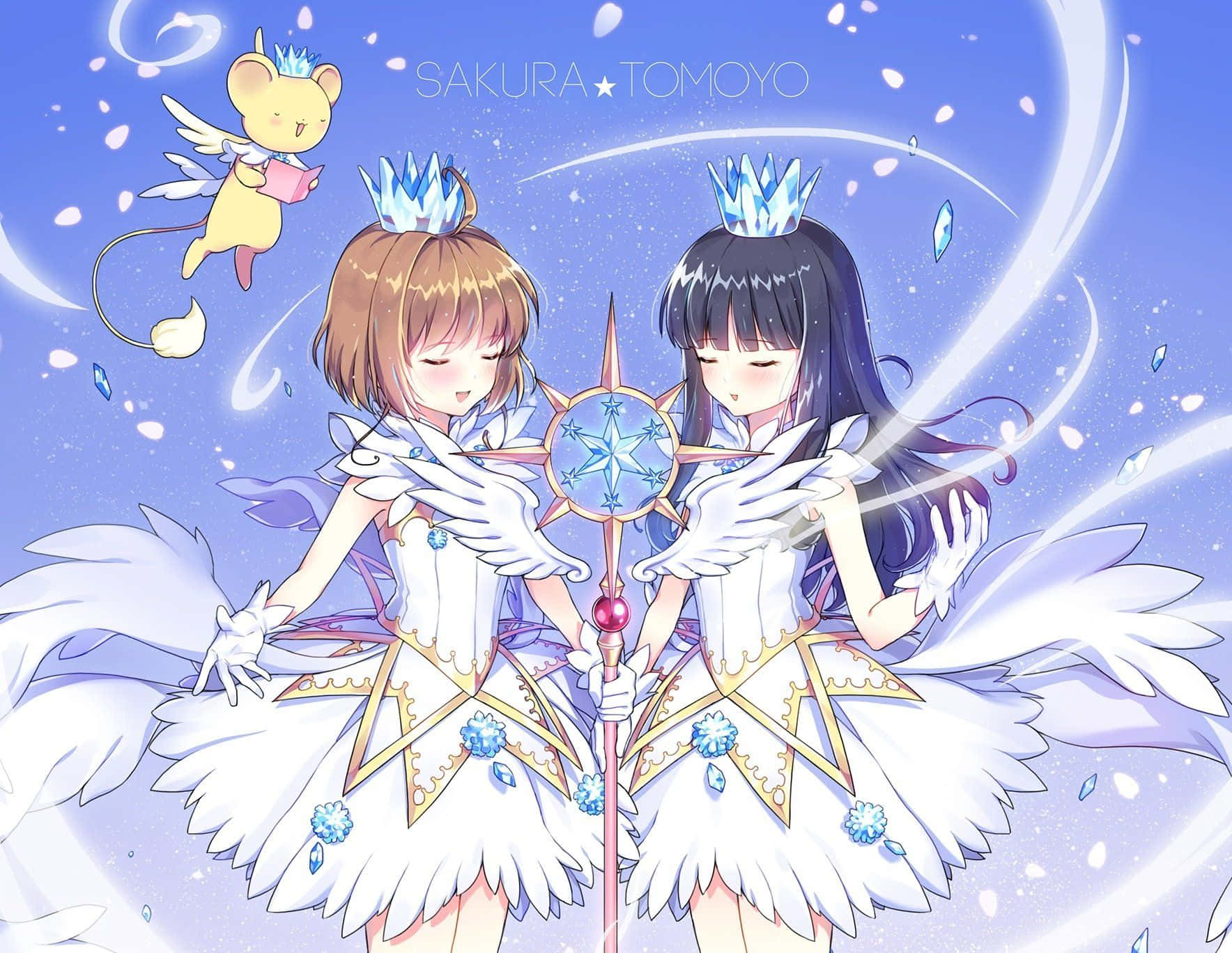 庫洛魔法使 桌布 壁紙 — 兩個穿著白色羽毛魔法服裝的動漫女孩，在新月下拿著發光的手杖，還有一隻飛鼠同伴。
