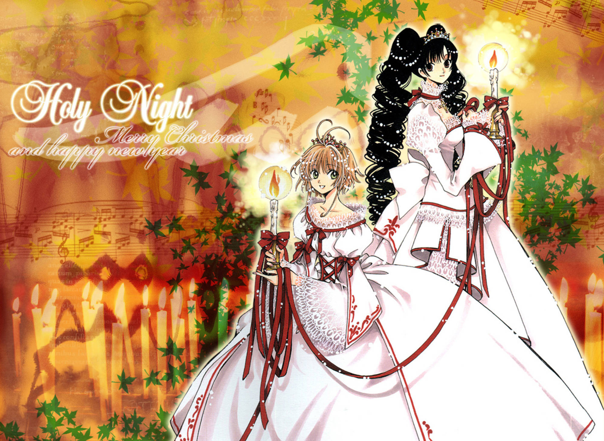 tsubasa reservoir chronicle 桌布 壁紙 — 兩個穿著白色連衣裙的動漫女孩在溫暖發光的背景中，在冬青葉和音符之間手持蠟燭。