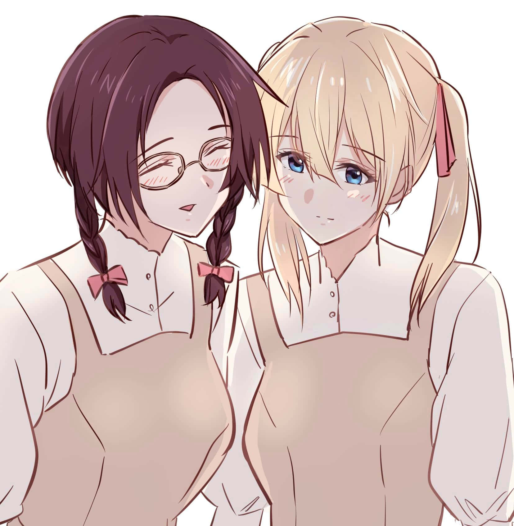 Isabella York 桌布 壁紙 — 兩個穿著相配校服的動漫女孩在純白背景前溫暖地微笑。