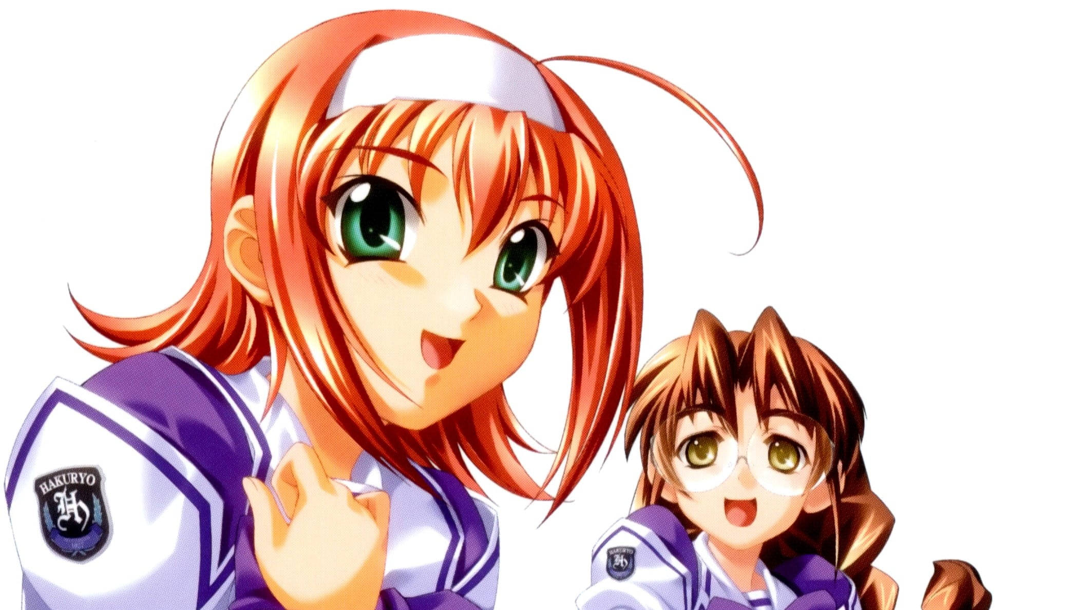 kimi ga nozomu eien 桌布 壁紙 — 兩個穿著相配校服的開心動畫女孩在純白背景前燦爛微笑。