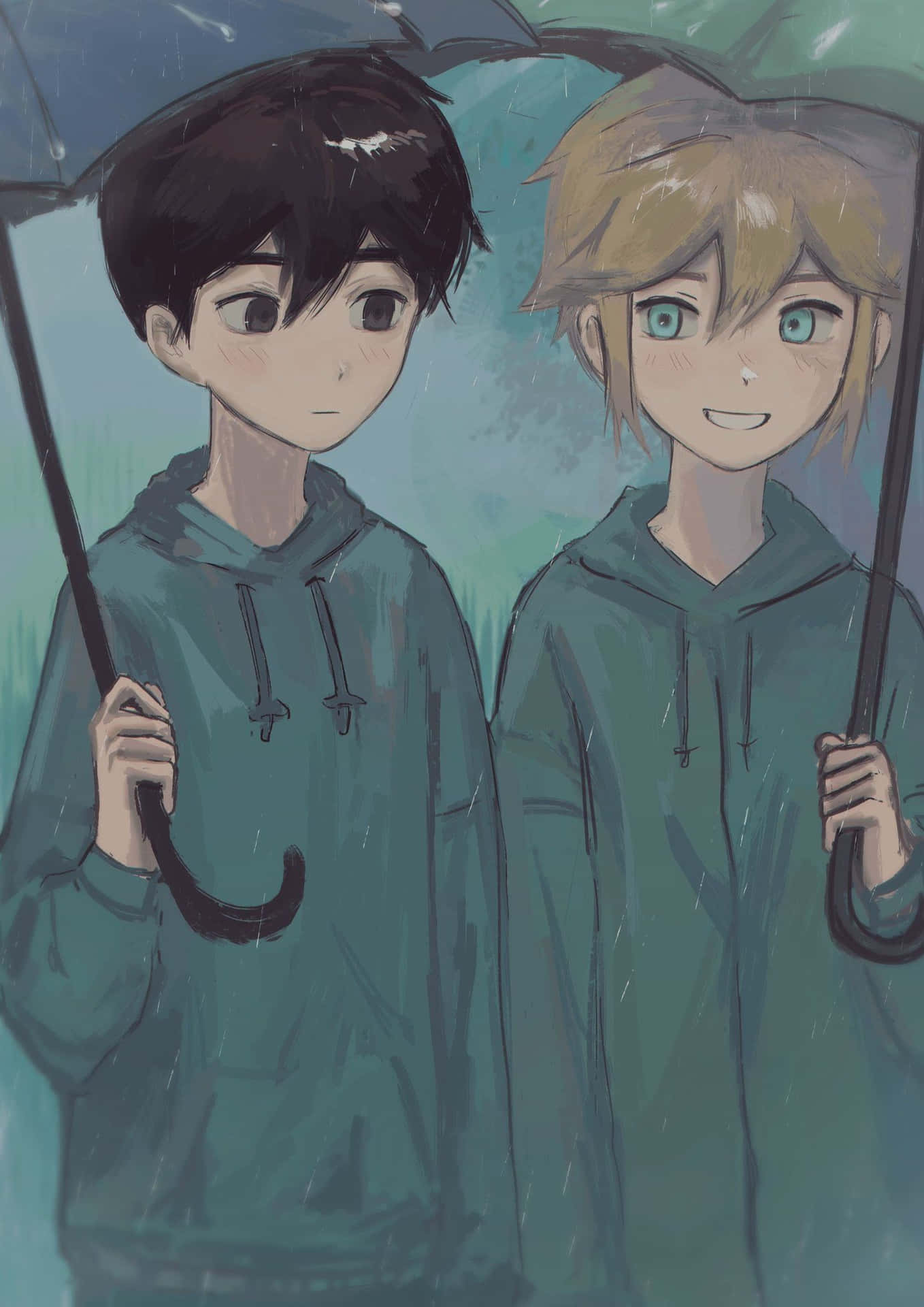 電玩遊戲 桌布 壁紙 — 兩個穿著相配青綠色連帽衫的動漫男孩在雨中共用一把傘，表情溫柔。
