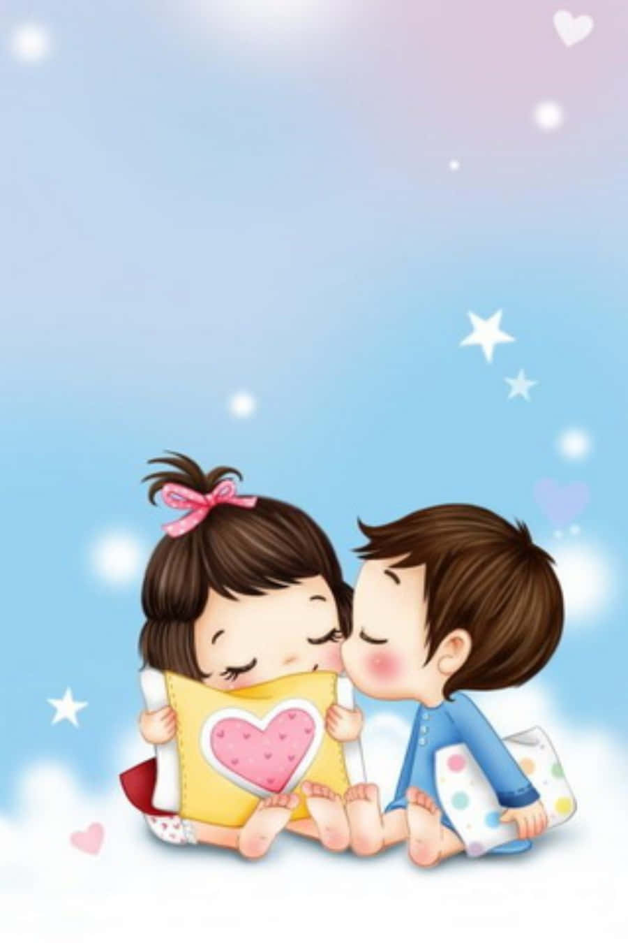 couple kiss 桌布 壁紙 — 兩個穿著睡衣的卡通小孩在星空粉彩天空下，抱著一個心形枕頭分享一個舒適的擁抱。
