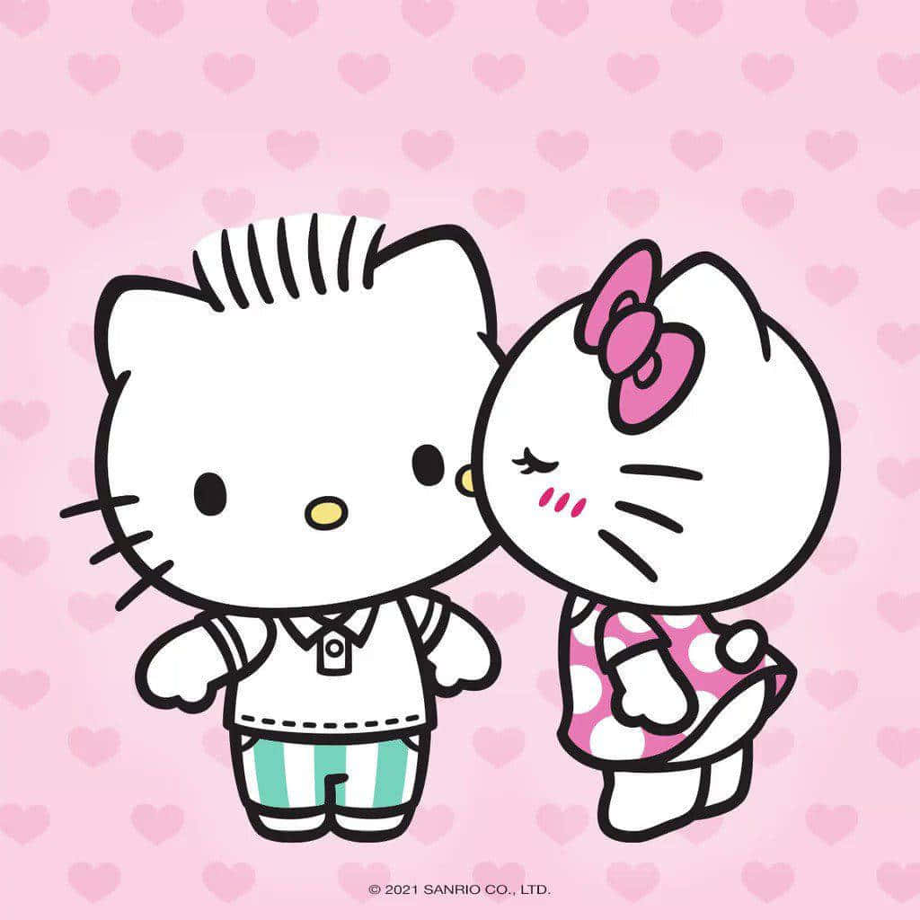Hello Kitty Pc 桌布 壁紙 — 兩個穿著睡衣的可愛Hello Kitty角色在粉紅色心形圖案背景上依偎。