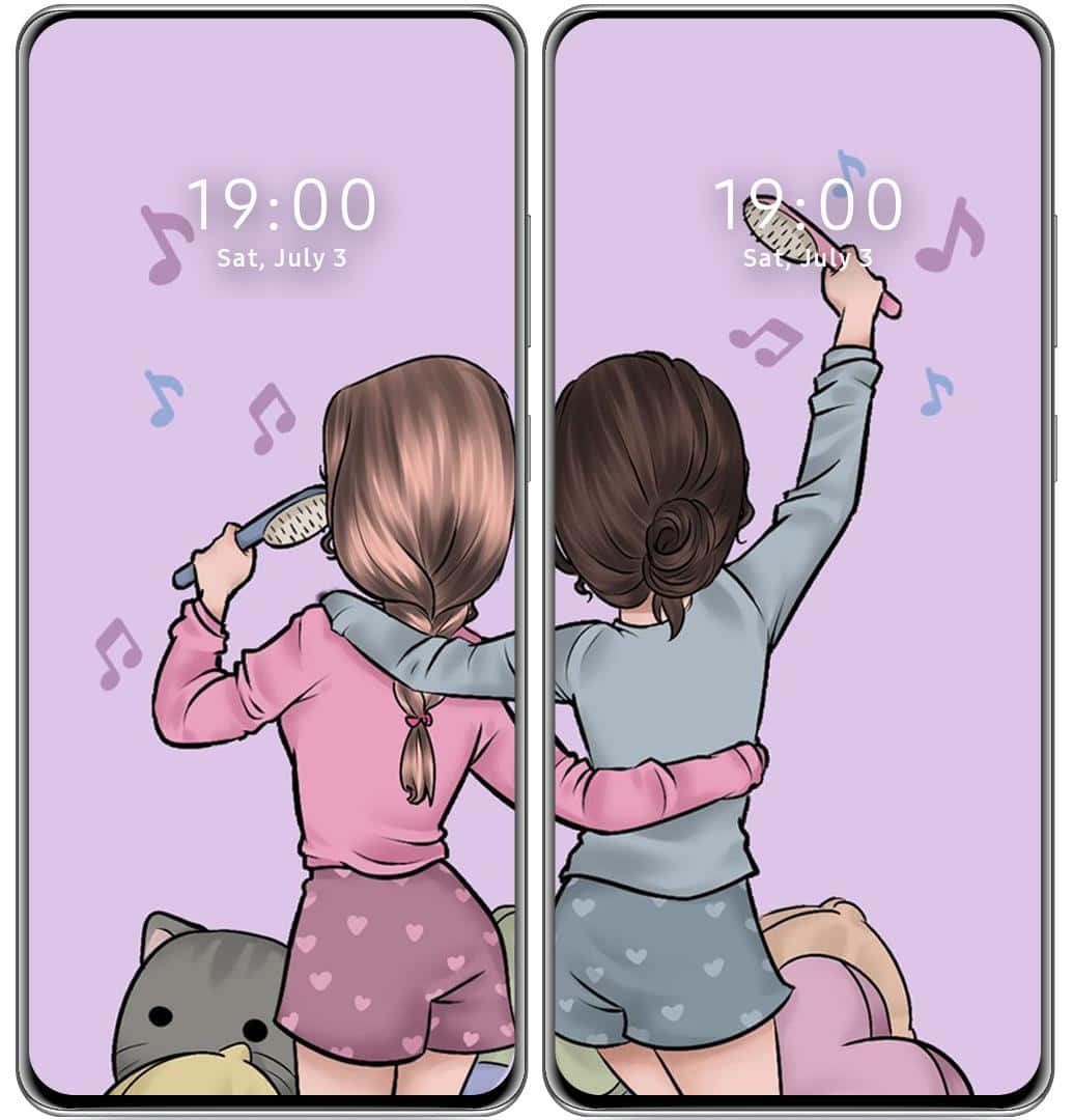 兩個穿著睡衣的女孩互相梳理頭髮，周圍漂浮著音符。 — 配對 GIF 壁紙