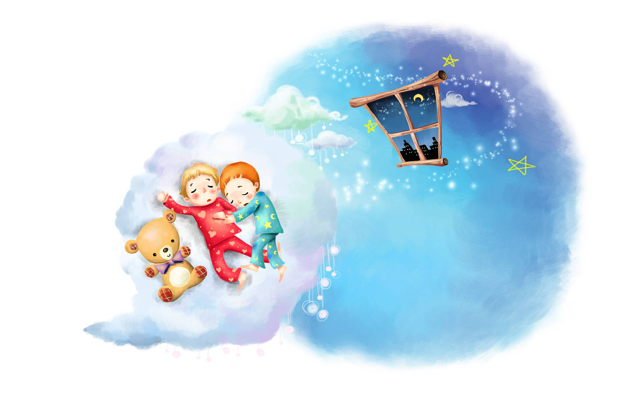 小孩動圖 桌布 壁紙 — 兩個穿著睡衣的小孩在雲上與泰迪熊一起安睡，窗戶打開通向星空夜空。