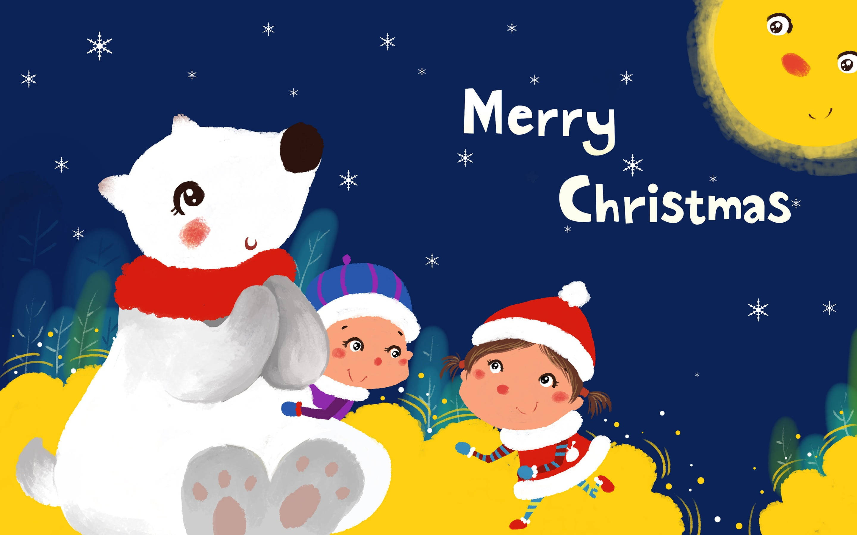 Cute Merry Christmas 桌布 壁紙 — 兩個穿著節日冬季服裝的孩子在微笑的月亮和雪星下與友好的北極熊嬉戲互動。