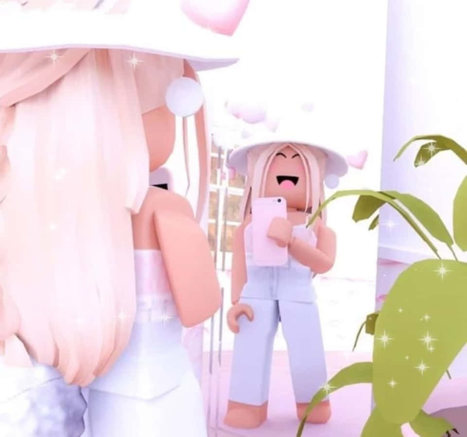 美學 Roblox 女孩 桌布 壁紙 — 兩個穿著粉彩服裝的 Roblox 頭像在閃閃發光的粉紅色房間裡，其中一個用手機自拍，開心地笑著。