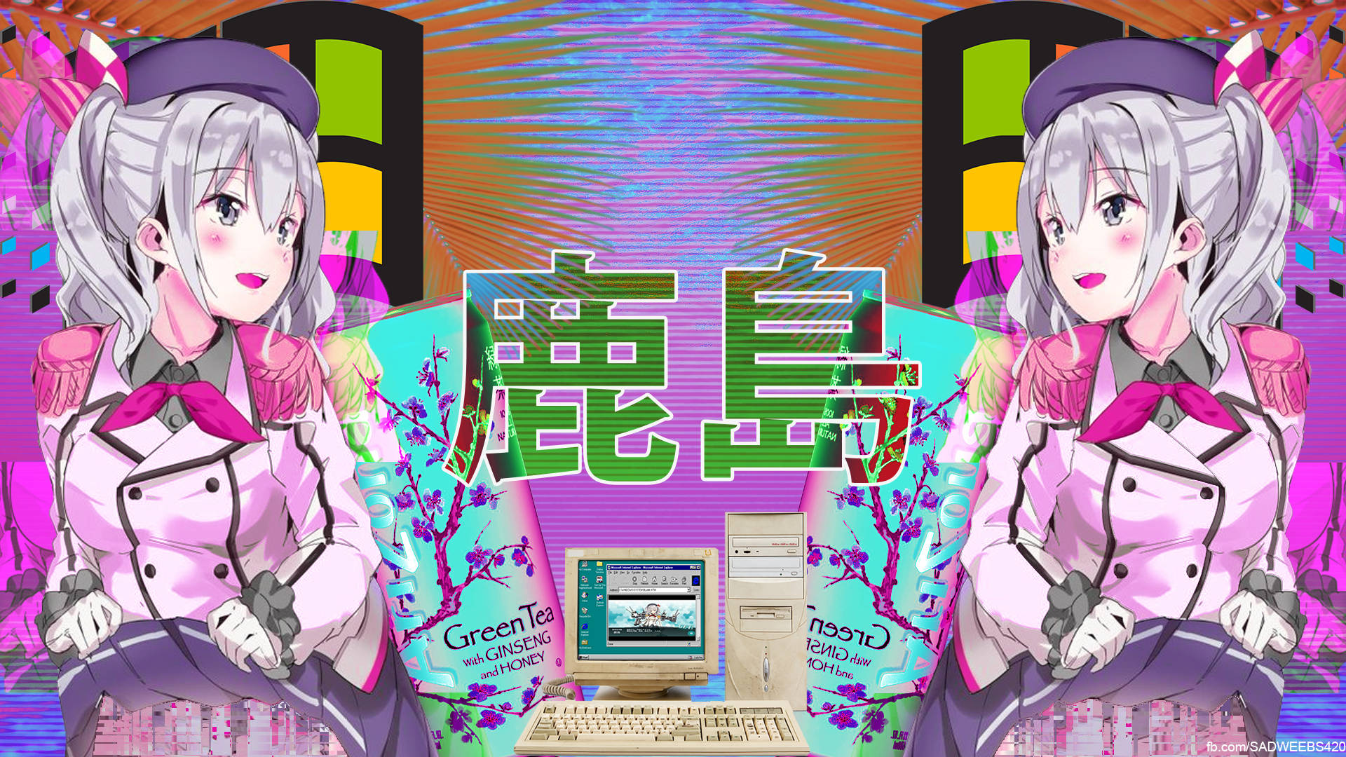 桌布 壁紙 — 兩個穿著粉紅色廚師制服的動漫女孩站在一台復古電腦和綠茶盒旁邊，背景是充滿活力的霓虹城市景觀。
