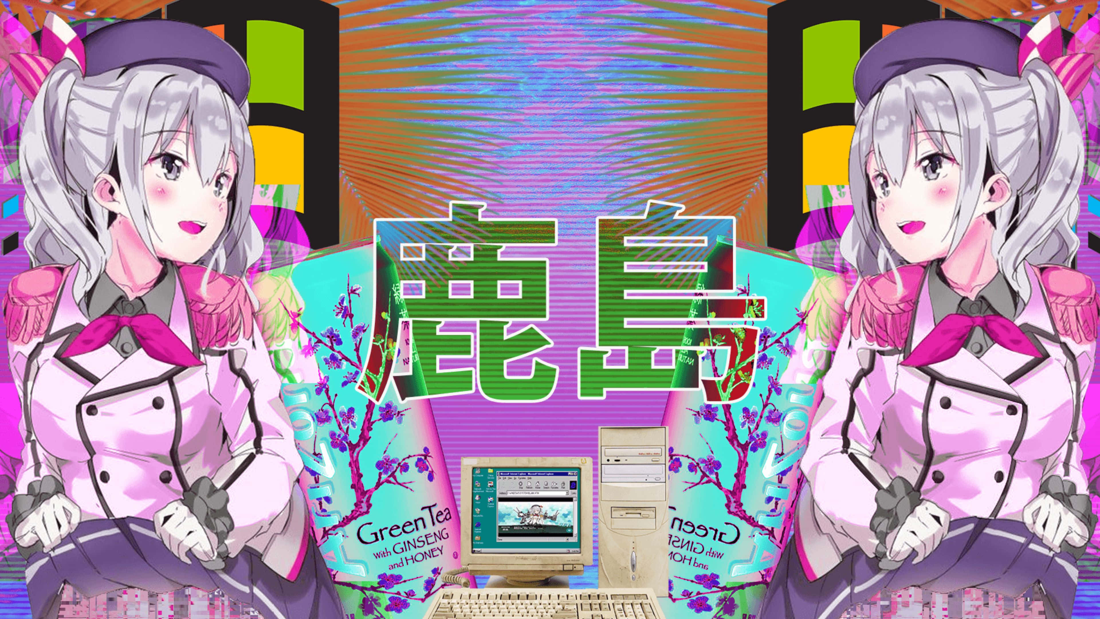 Aesthetic Pink Anime 桌布 壁紙 — 兩個穿著粉紅色廚師制服的動畫女孩站在一台顯示茶廣告的復古電腦兩側，背景是迷幻彩虹。