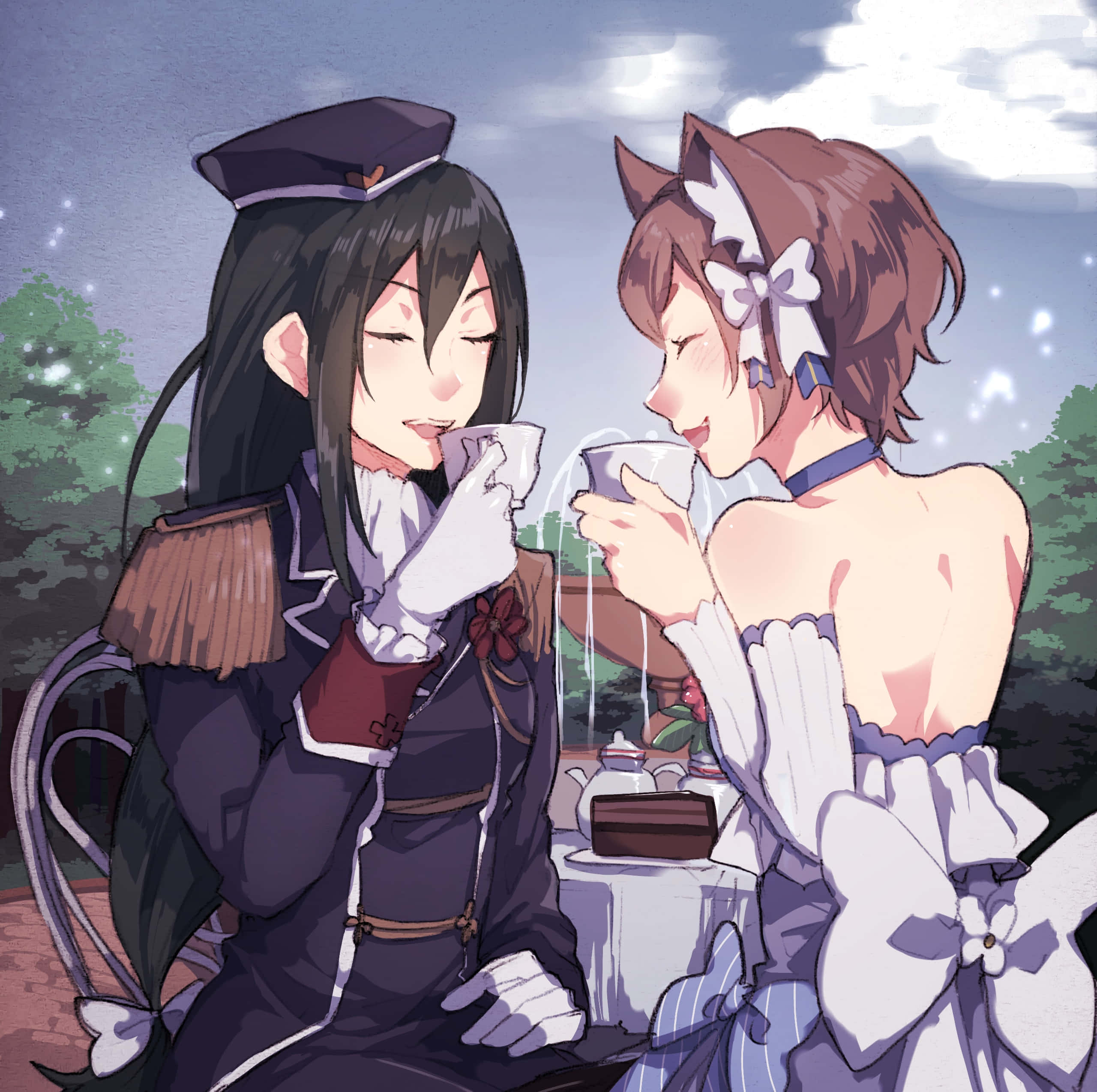 Crusch Karsten 桌布 壁紙 — 兩個穿著精緻服裝的動漫女孩在星光燦爛的黃昏天空下，伴隨著柔和發光的粒子一起喝茶。