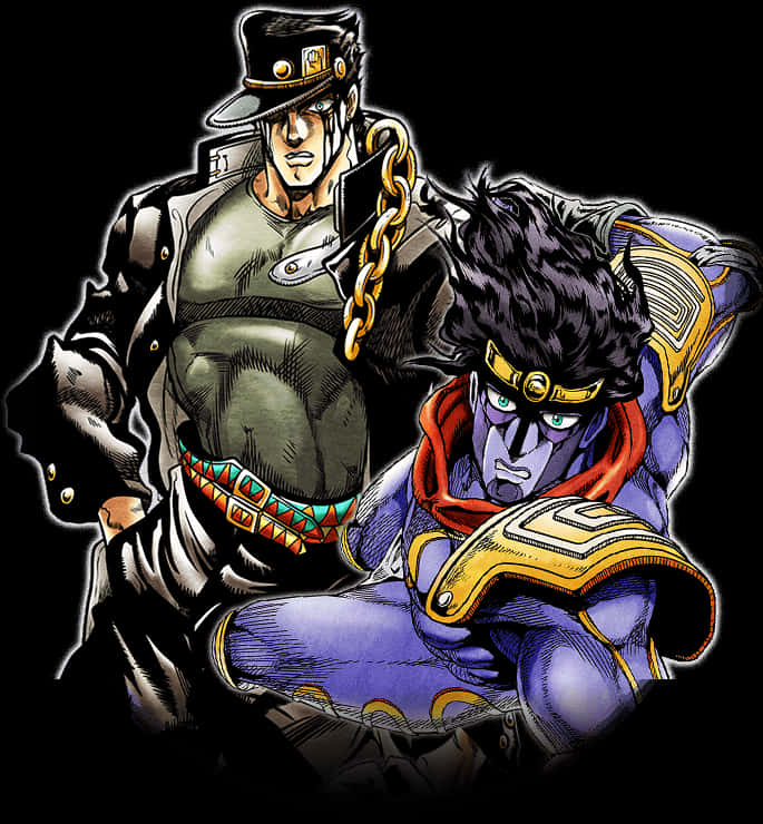 Star Platinum 桌布 壁紙 — 兩個穿著精緻服裝的動漫角色在黑色背景上以大膽的輪廓和鮮豔的色彩動態擺姿勢。