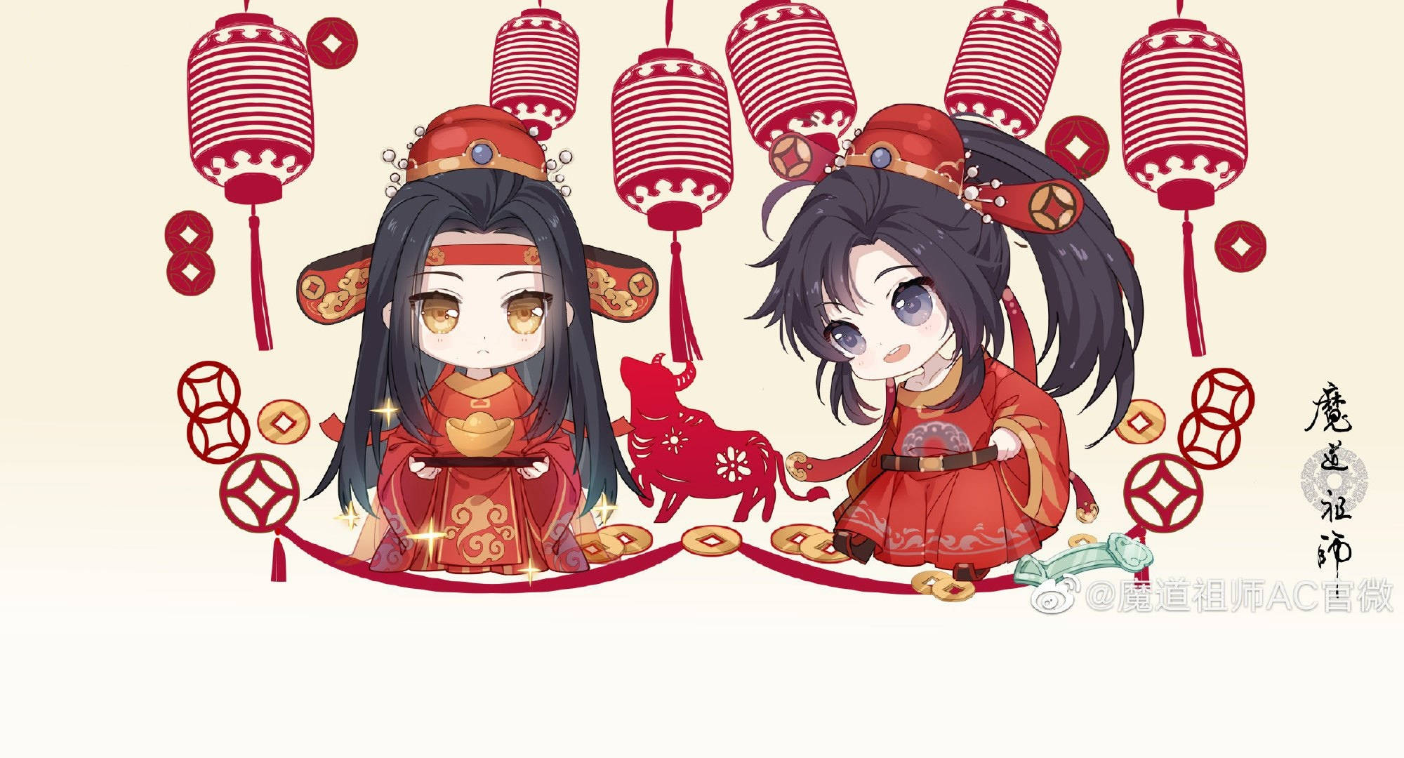 mo 桌布 壁紙 — 兩個穿著紅色傳統服裝的Q版動漫角色站在掛著的紅色燈籠下，有金幣和一隻紙牛。