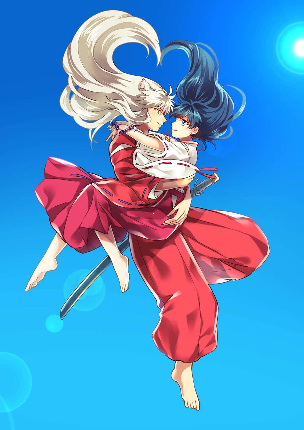 Inuyasha iPhone 桌布 壁紙 — 兩個穿著紅色傳統服飾的動漫角色在明亮的藍天和太陽耀斑中於空中擁抱。