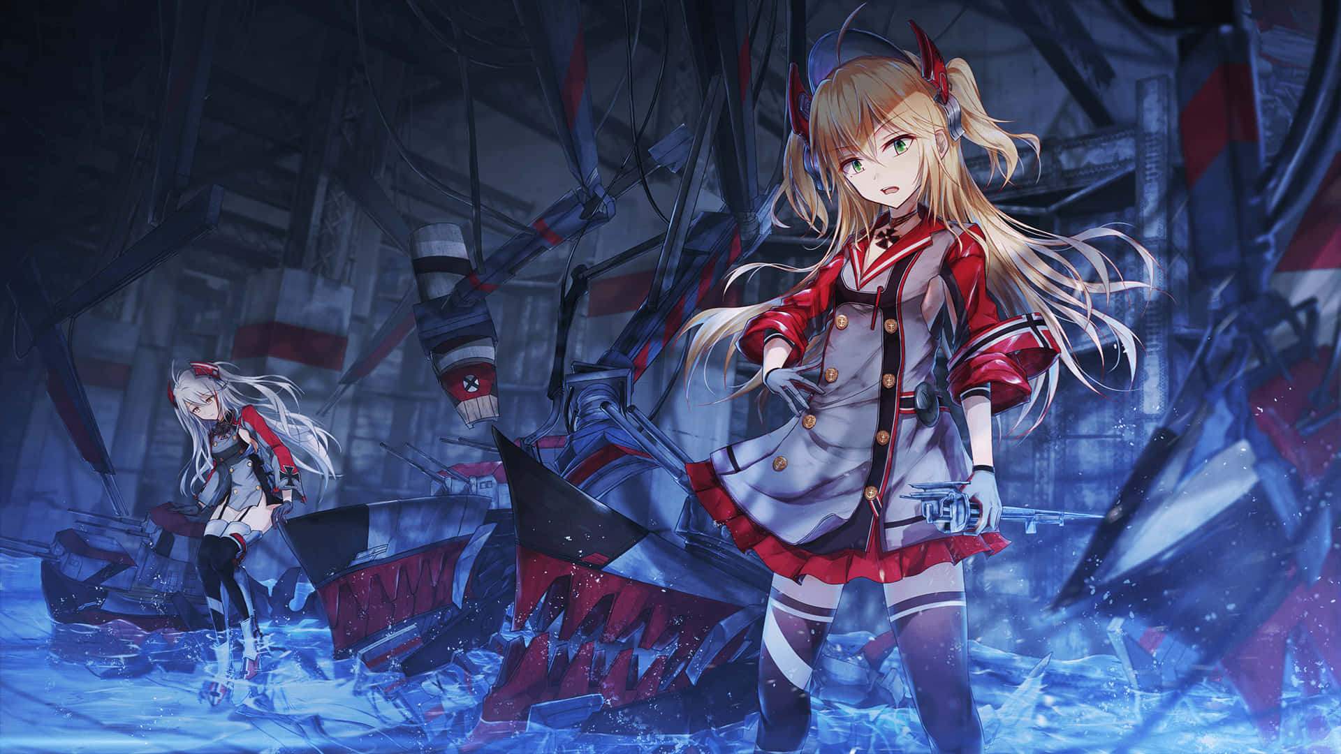 Azur Lane 桌布 壁紙 — 兩個穿著紅色和灰色制服的動漫女孩站在破碎的機械和發光藍色水之間的廢棄工業場景中。