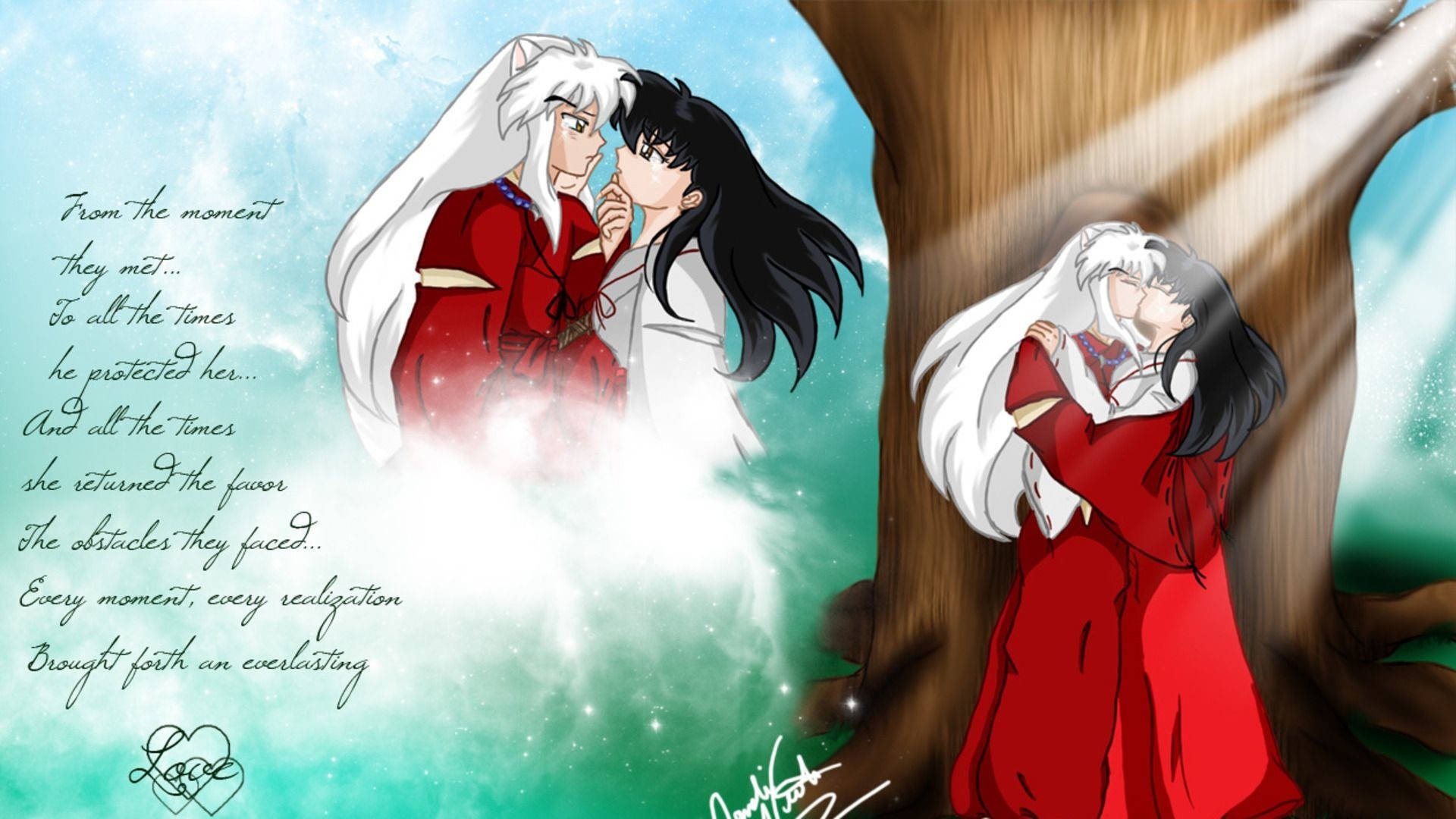 Kagome 桌布 壁紙 — 兩個穿著紅色和白色和服的動漫角色在發光的樹下分享溫柔的親吻，背景是星空和詩意的文字疊加。