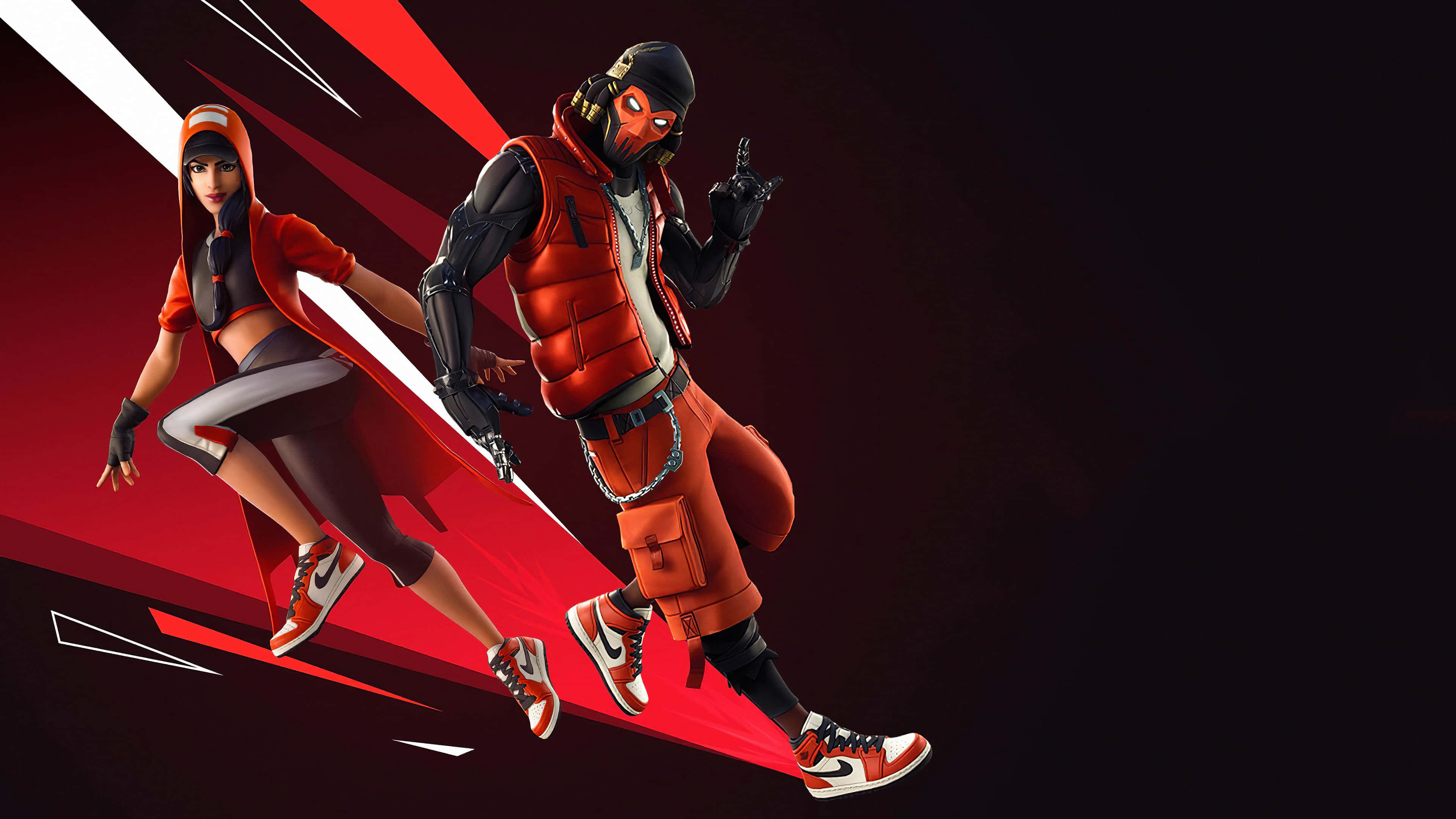 桌布 壁紙 — 兩個穿著紅色和黑色服裝的 Fortnite 角色在帶有紅色動態條紋的深色背景上動態跳躍。