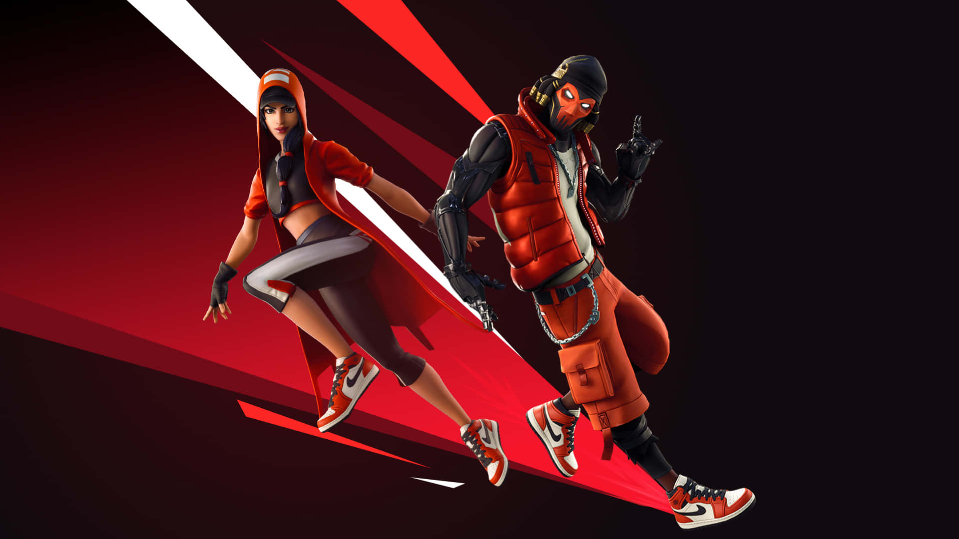 桌布 壁紙 — 兩個穿著紅色和黑色服裝的 Fortnite 角色在鮮明的紅色和黑色對角線背景上動態跳躍。